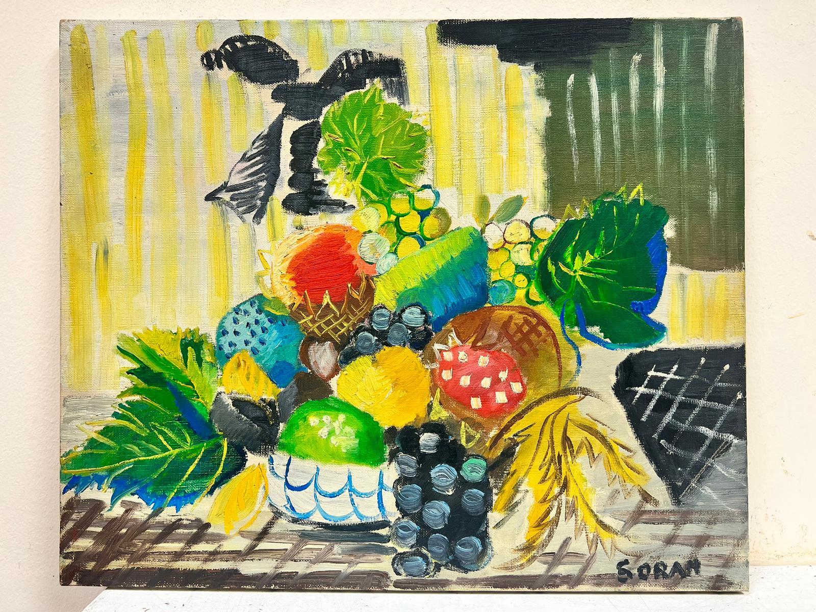 1960's French Signed Modernist Oil Colorful Still Life of Fruit on Table - Painting by French School
