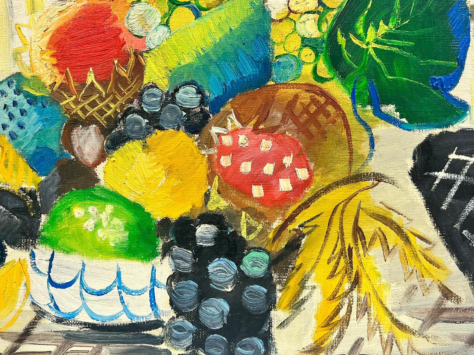 Olio modernista firmato del 1960: natura morta colorata di frutta su tavola in vendita 1