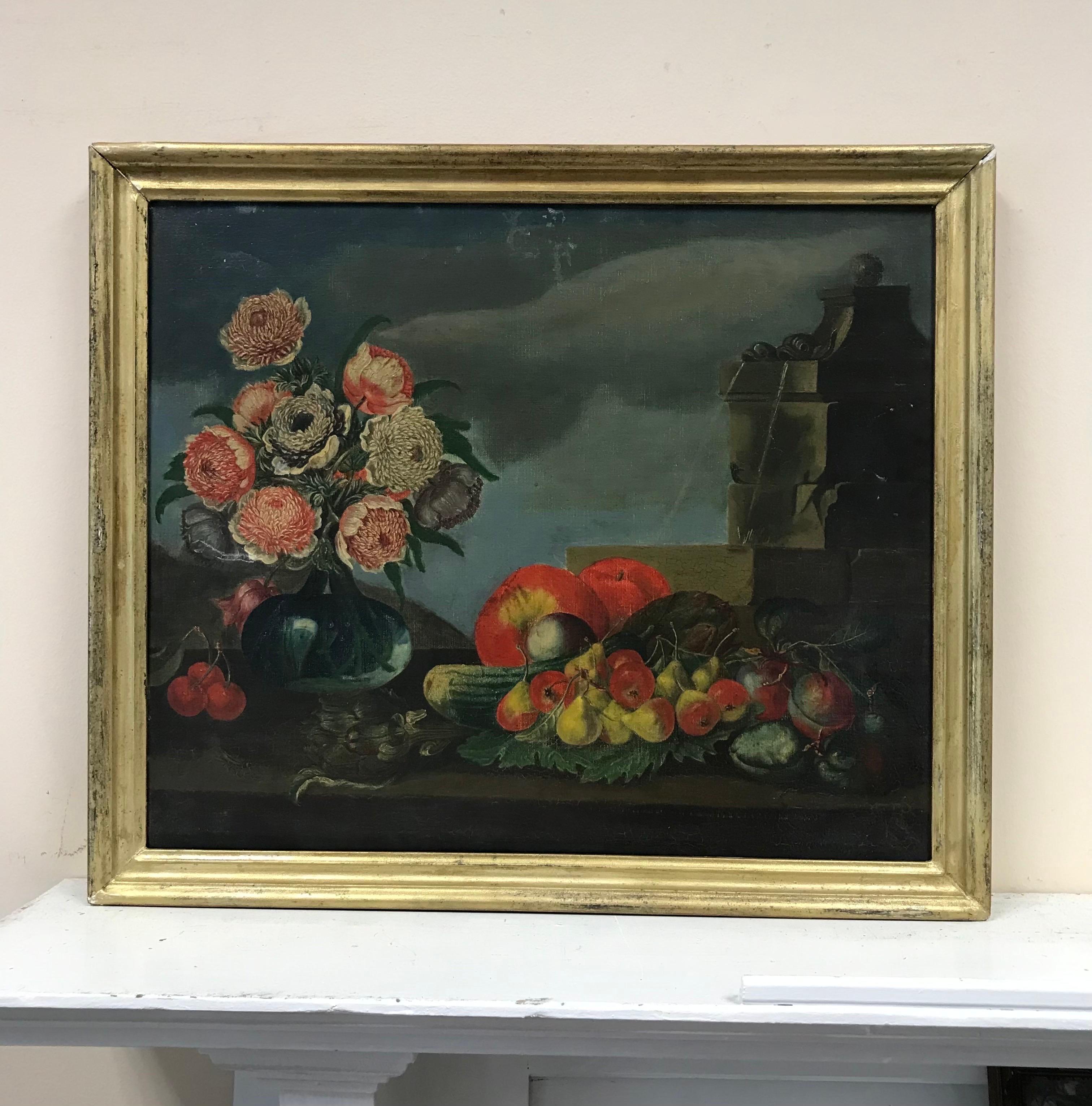 19th Century French Oil, Ornamental Flowers & Fruit Still Life Classical Setting - Painting by French School