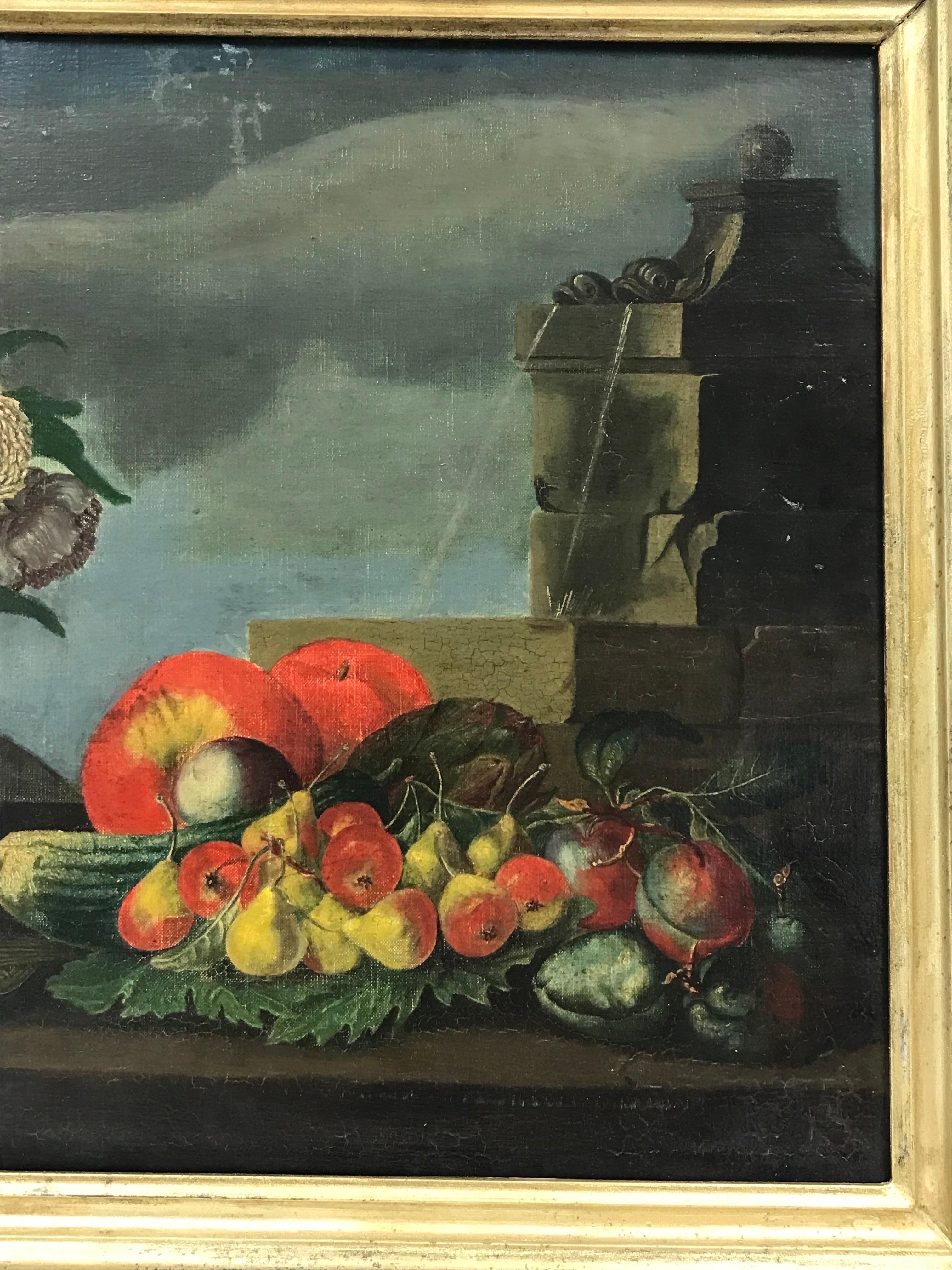 Tableau classique français du 19ème siècle à l'huile, ornement floral et nature morte de fruits et fleurs - Victorien Painting par French School