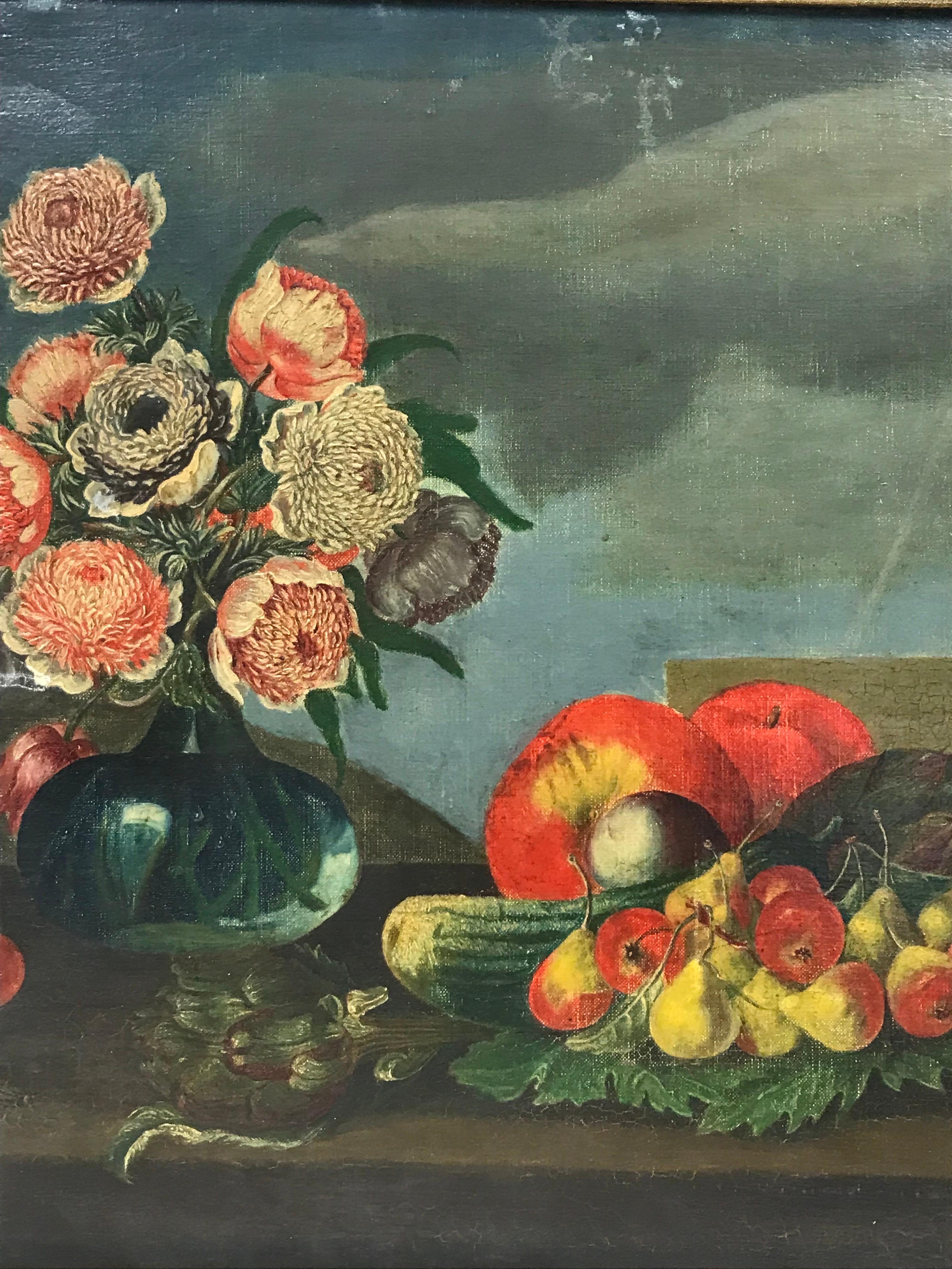 Tableau classique français du 19ème siècle à l'huile, ornement floral et nature morte de fruits et fleurs - Noir Still-Life Painting par French School