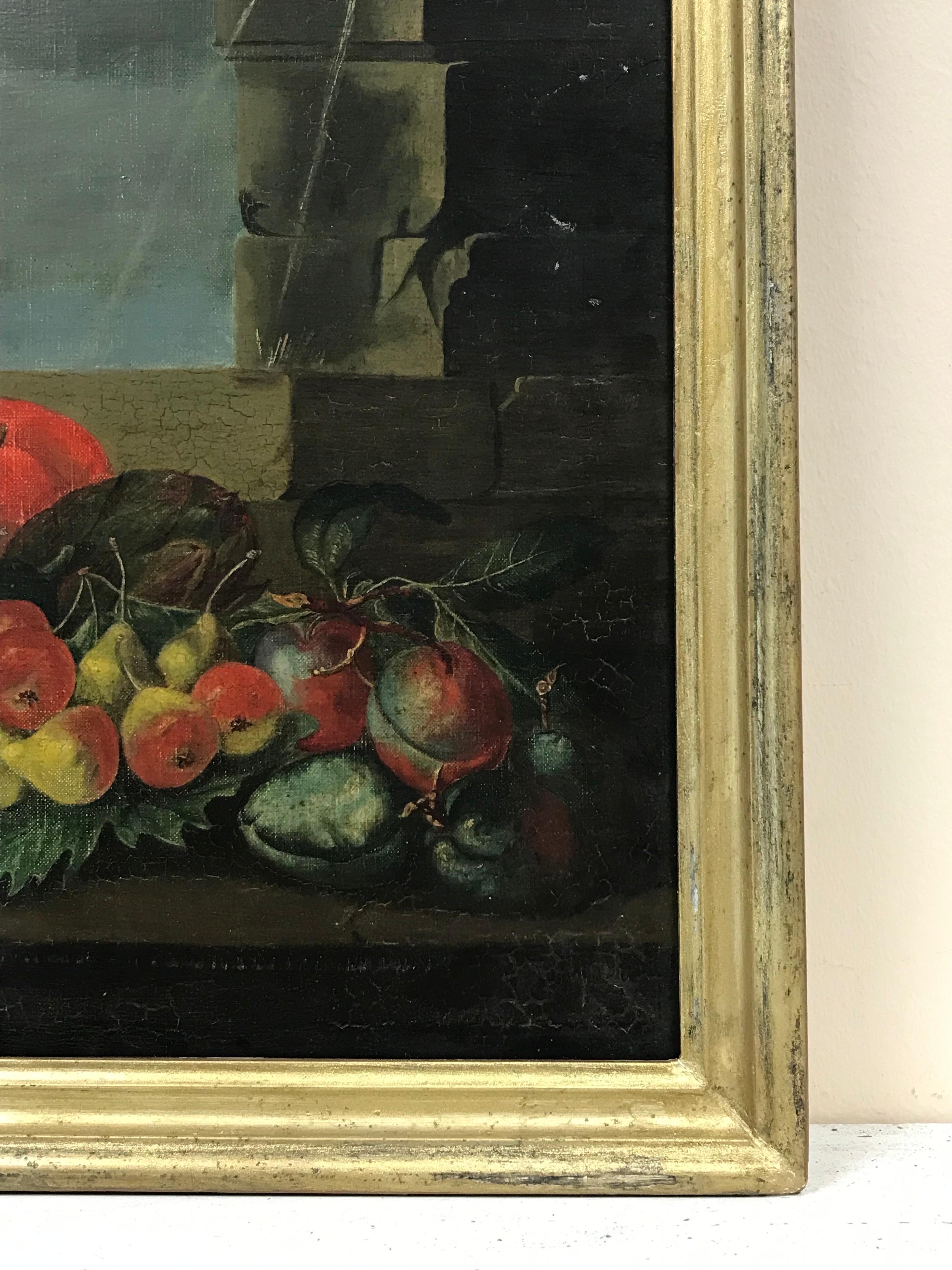 Artist/ School: French School, 19th century

Title: still life of fruit and flowers (and vegetables) within an ornamental, classical setting. 

Medium:  oil painting on canvas, framed

Size:

framed: 17 x 20 inches 
canvas: 14.5 x 17.5