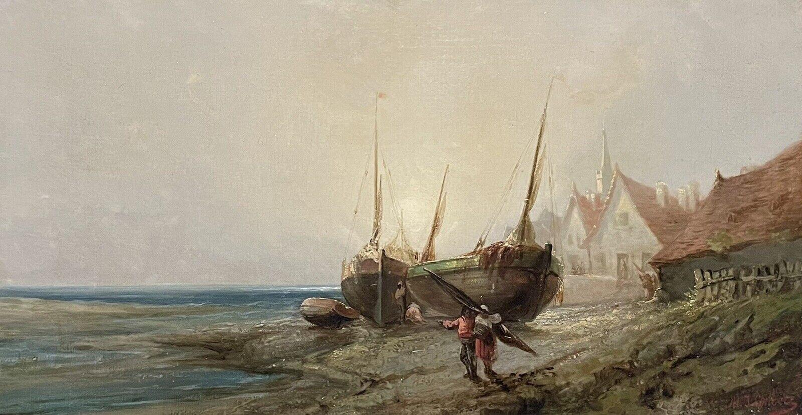 19th Century French Signed Oil, Fishing Folk on the Shore at Sunrise by Boats - Painting by French School