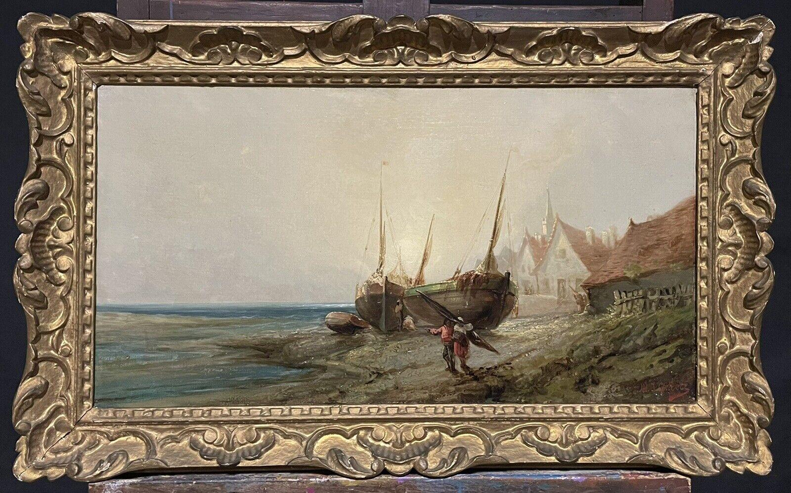 19th Century French Signed Oil, Fishing Folk on the Shore at Sunrise by Boats