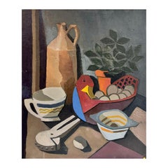 French School - 20th Century French Cubist Still Life Oil Painting Eggs in a Duck Shaped Bowl 20th Century French Cubist Still Life Oil Painting Eggs in a Duck Shaped Bowl