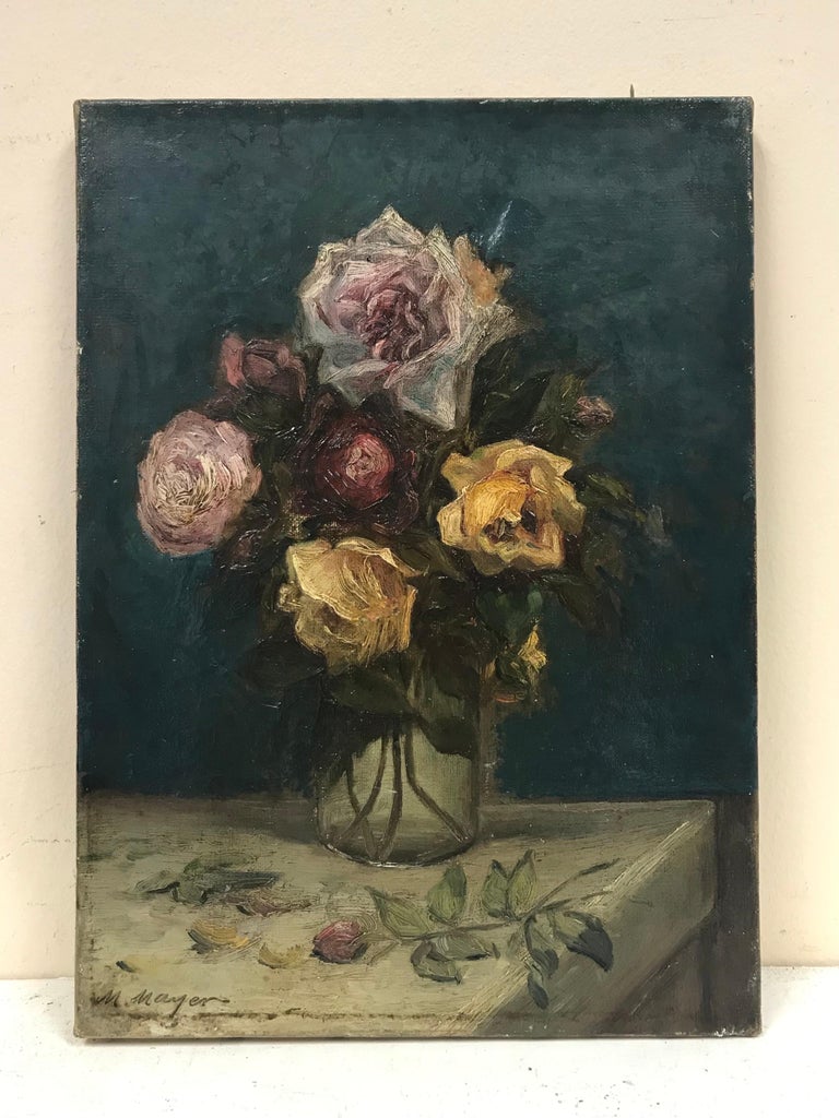 Antique French Impressionist Signed Oil, Roses in Vase Teal Blue Background - Painting by French School