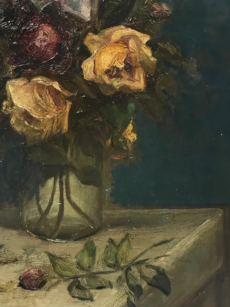 Antique French Impressionist Signed Oil, Roses in Vase Teal Blue Background For Sale 1