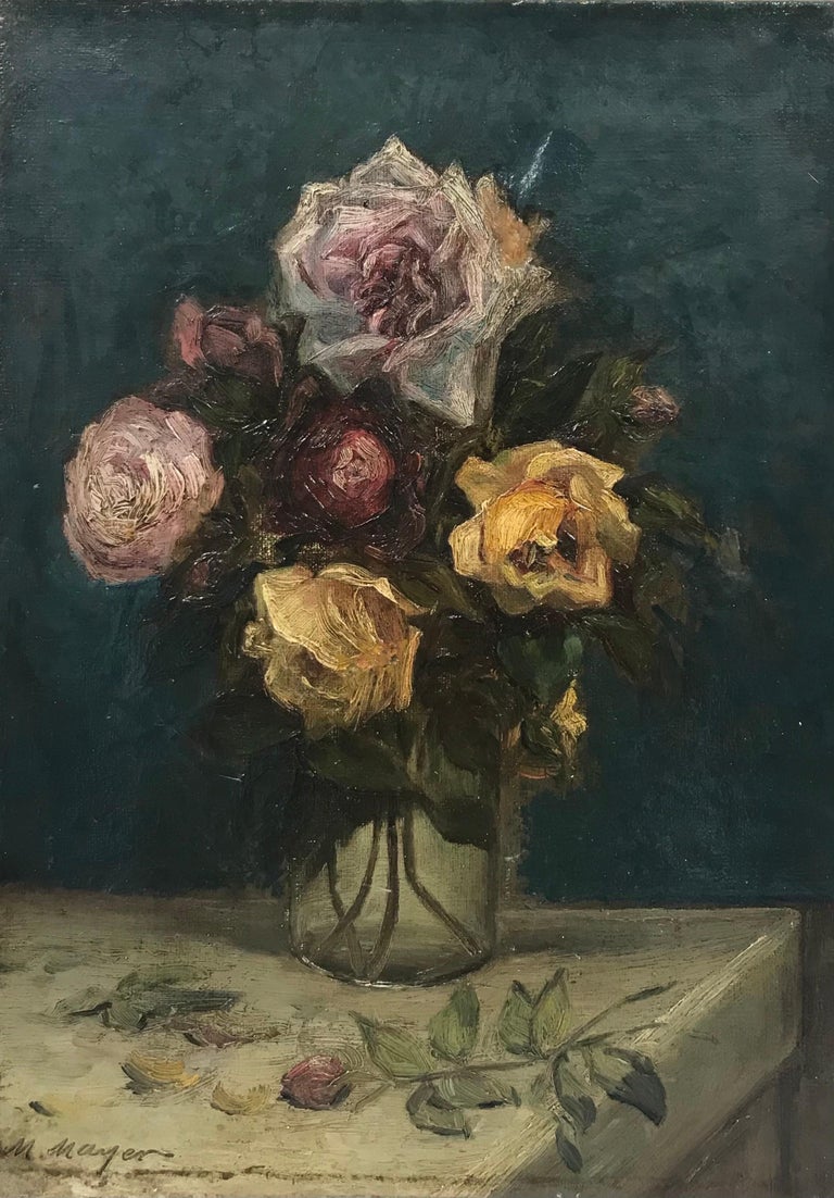 French School Still-Life Painting - Antique French Impressionist Signed Oil, Roses in Vase Teal Blue Background