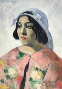 Beautiful 1950's French Signed Oil, Portrait of Tunisian Lady Colorful Clothing