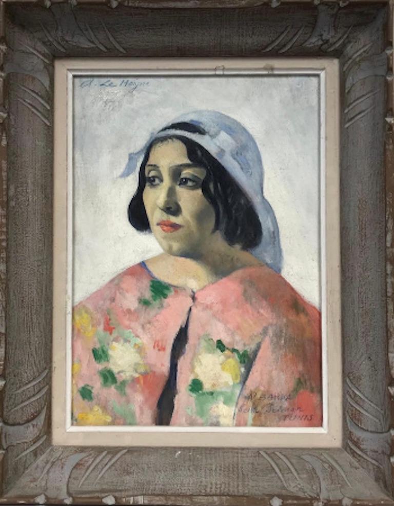 Schönes französisches signiertes Ölgemälde, Porträt einer toskanischen Dame in bunter Kleidung, 1950er Jahre