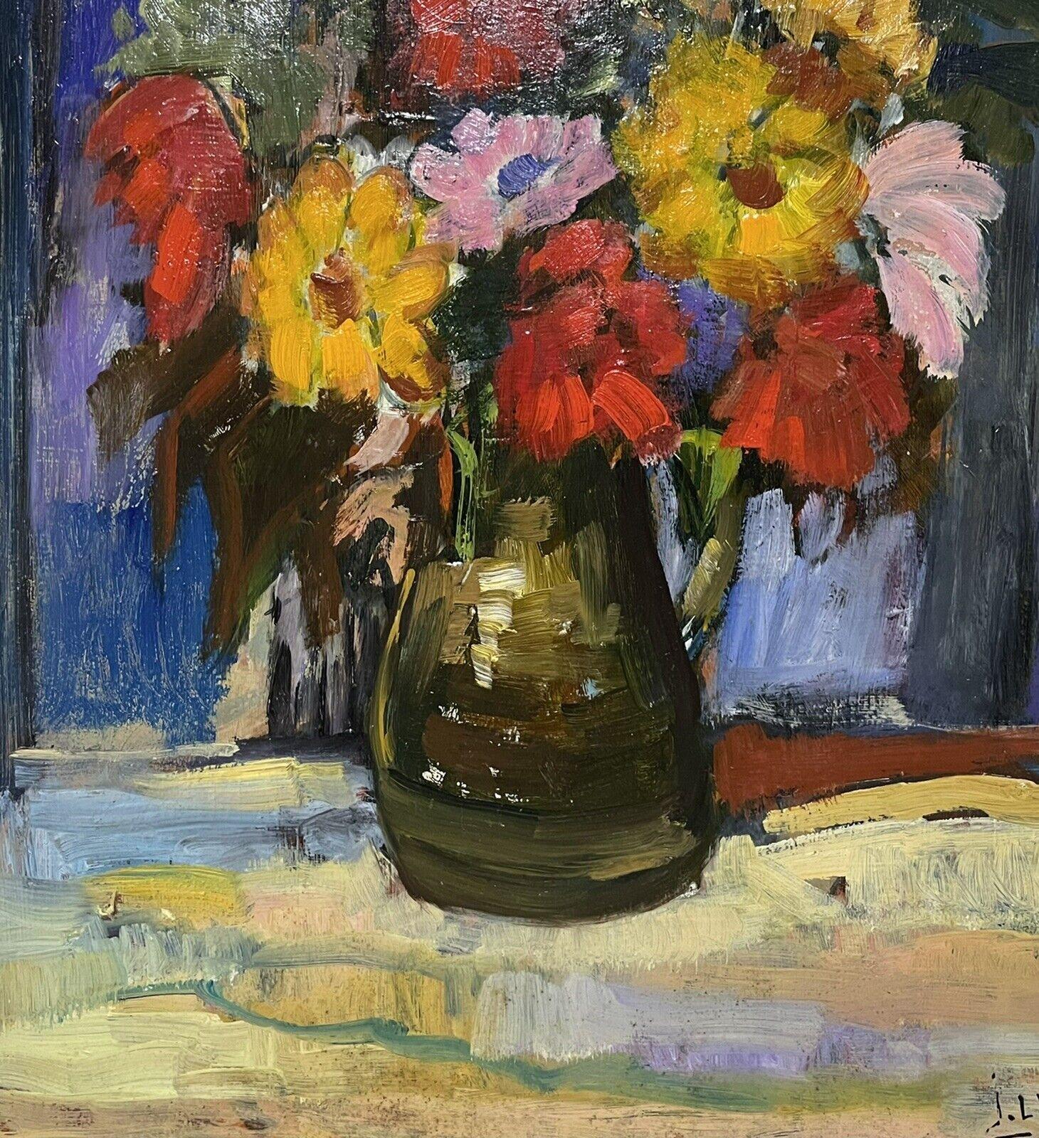 Bright & Cheerful French Post-Impressionist Signed Oil - Flowers in Vase  - Black Interior Painting by French School