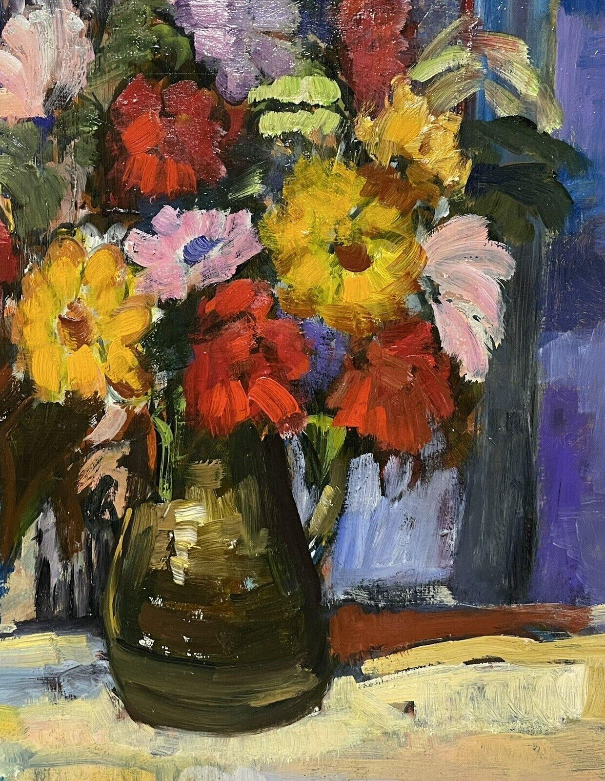 Artist/ School: French School, mid 20th century

Title: Colorful Still Life of Flowers in Vase

Medium:  oil painting on board, framed.

Size:

framed:   31  x  26.5 inches
painting:   24 x 19.5 inches

Provenance: private collection,