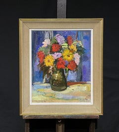 Vintage Bright & Cheerful French Post-Impressionist Signed Oil - Flowers in Vase 
