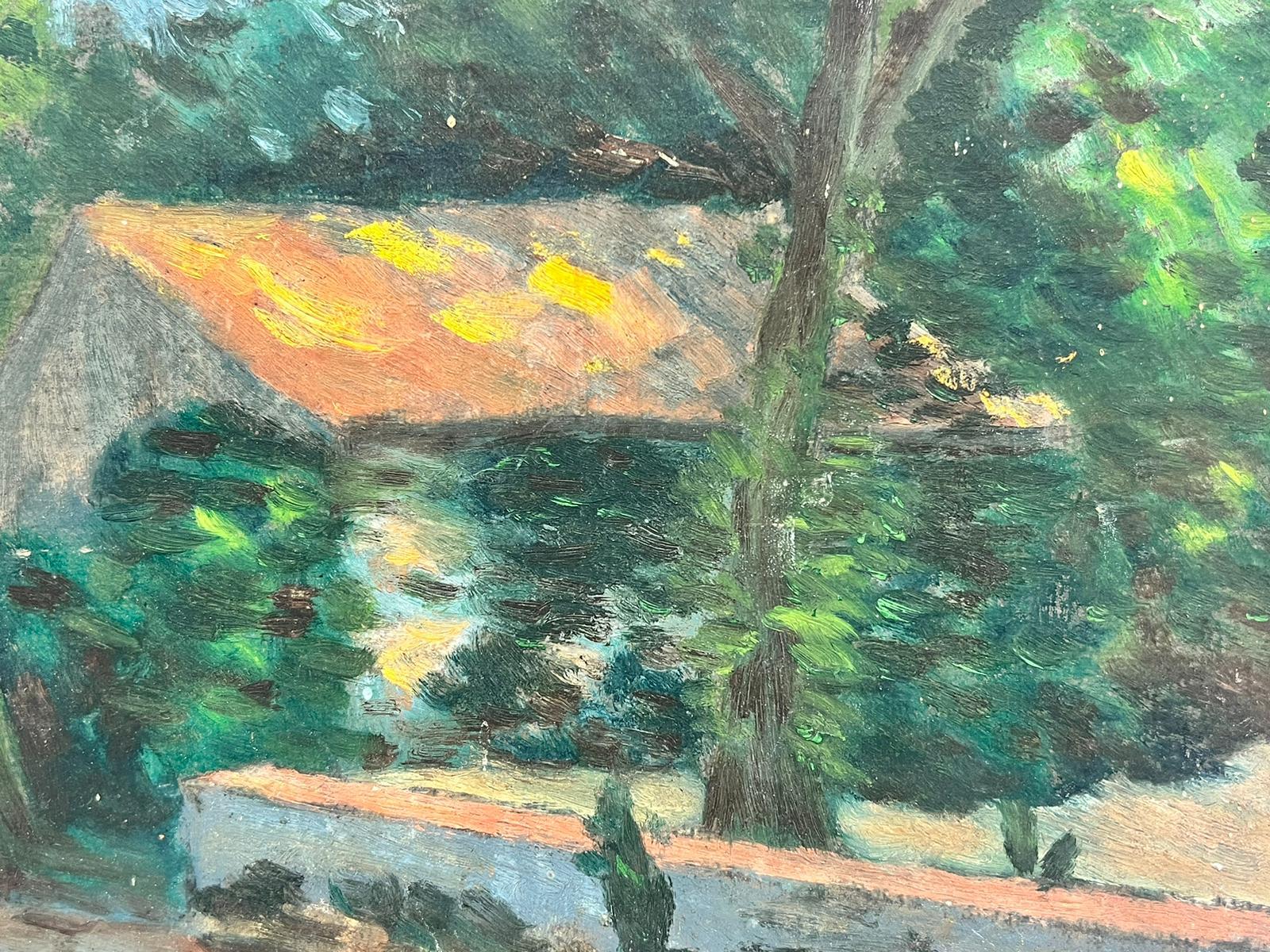 The Dappled Light Garden
French Impressionist School, early 20th century
beautiful light with earthy sludgy tones of green, beige and yellow golden colors. 
oil on thin board, unframed
board: 7.5 x 10.5 inches
the painting is in overall very good