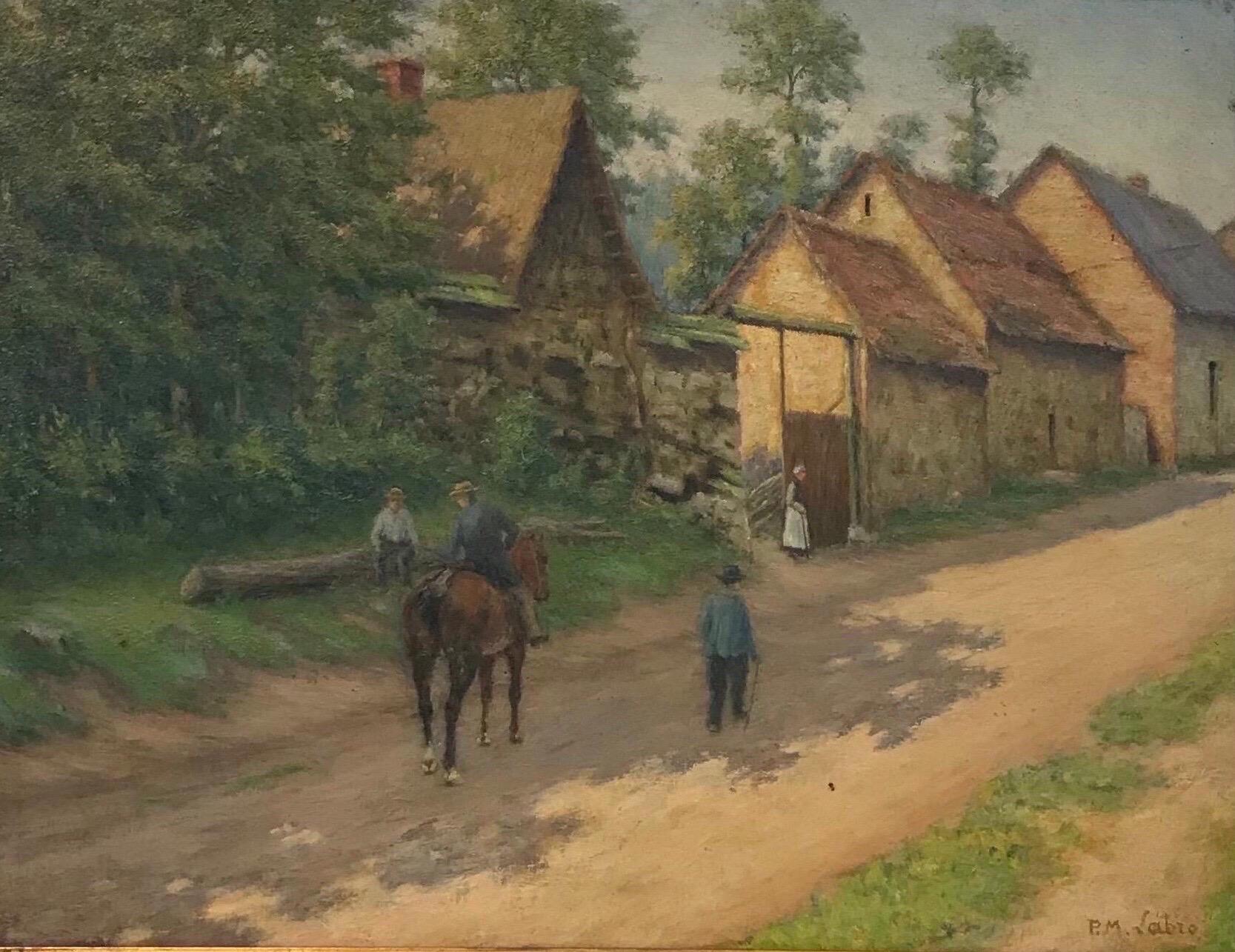 Early 20th Century French Signed Oil, Village Lane with Figures & Animals - Painting by French School
