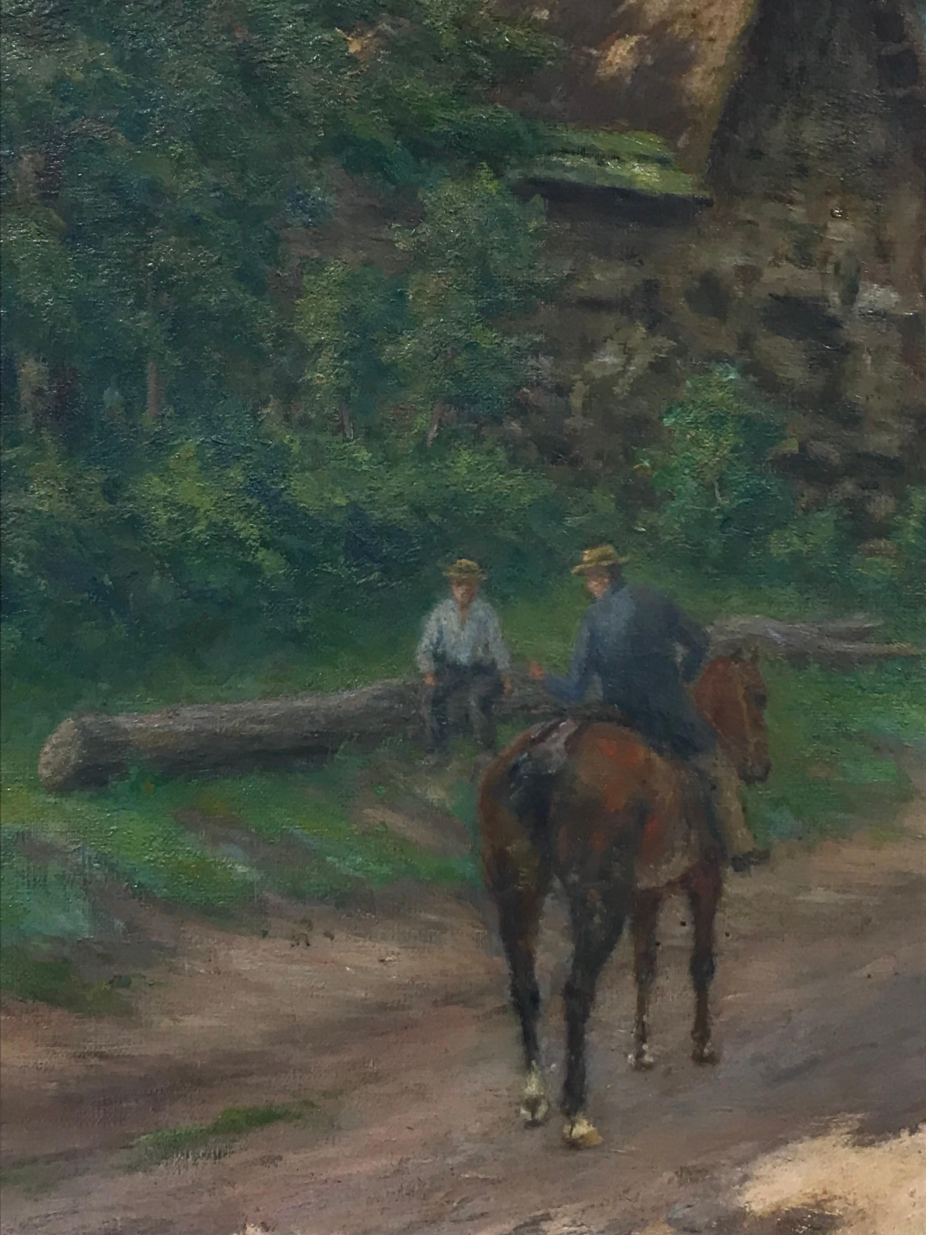 Early 20th Century French Signed Oil, Village Lane with Figures & Animals - Victorian Painting by French School