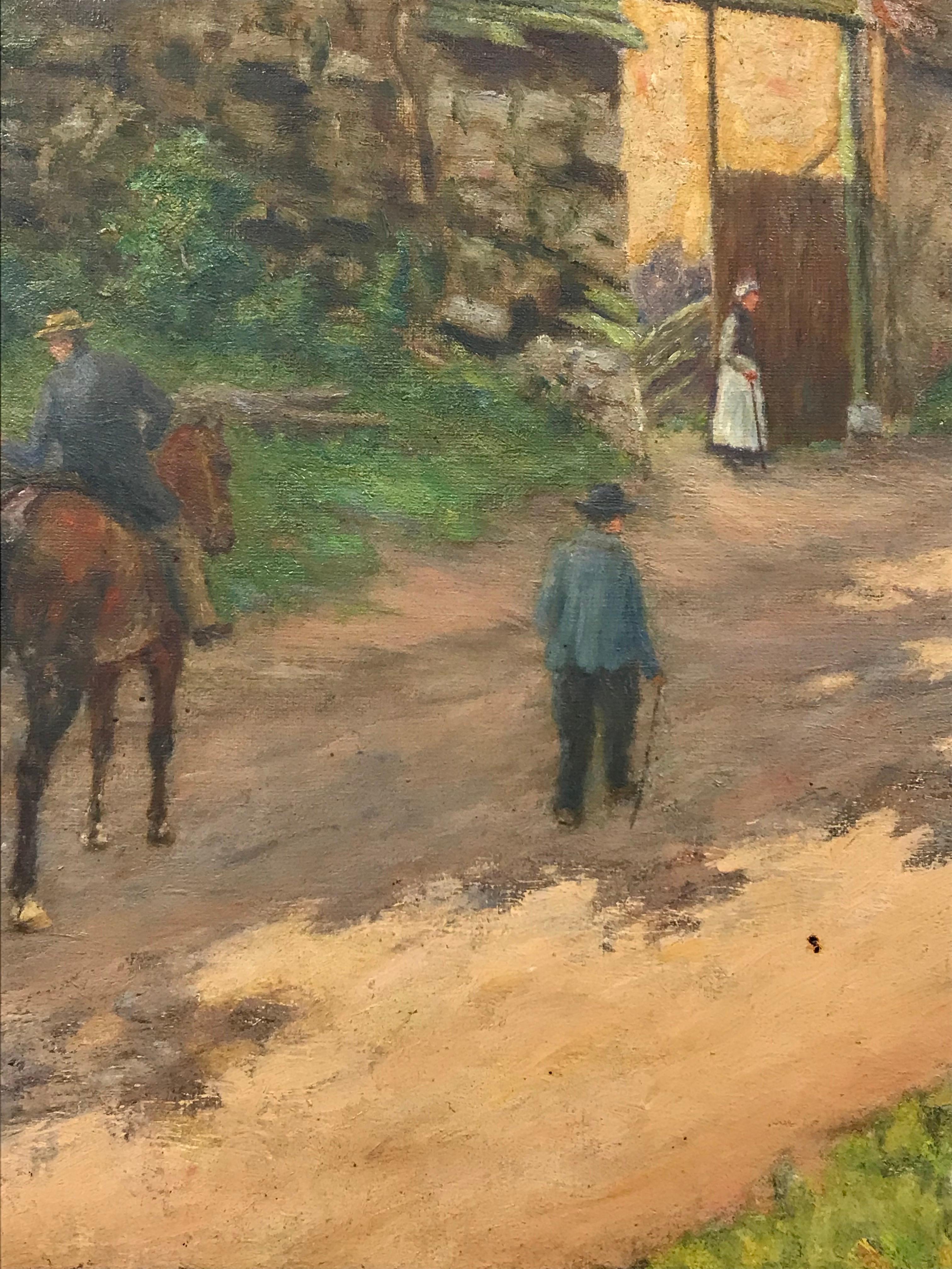 Early 20th Century French Signed Oil, Village Lane with Figures & Animals For Sale 1