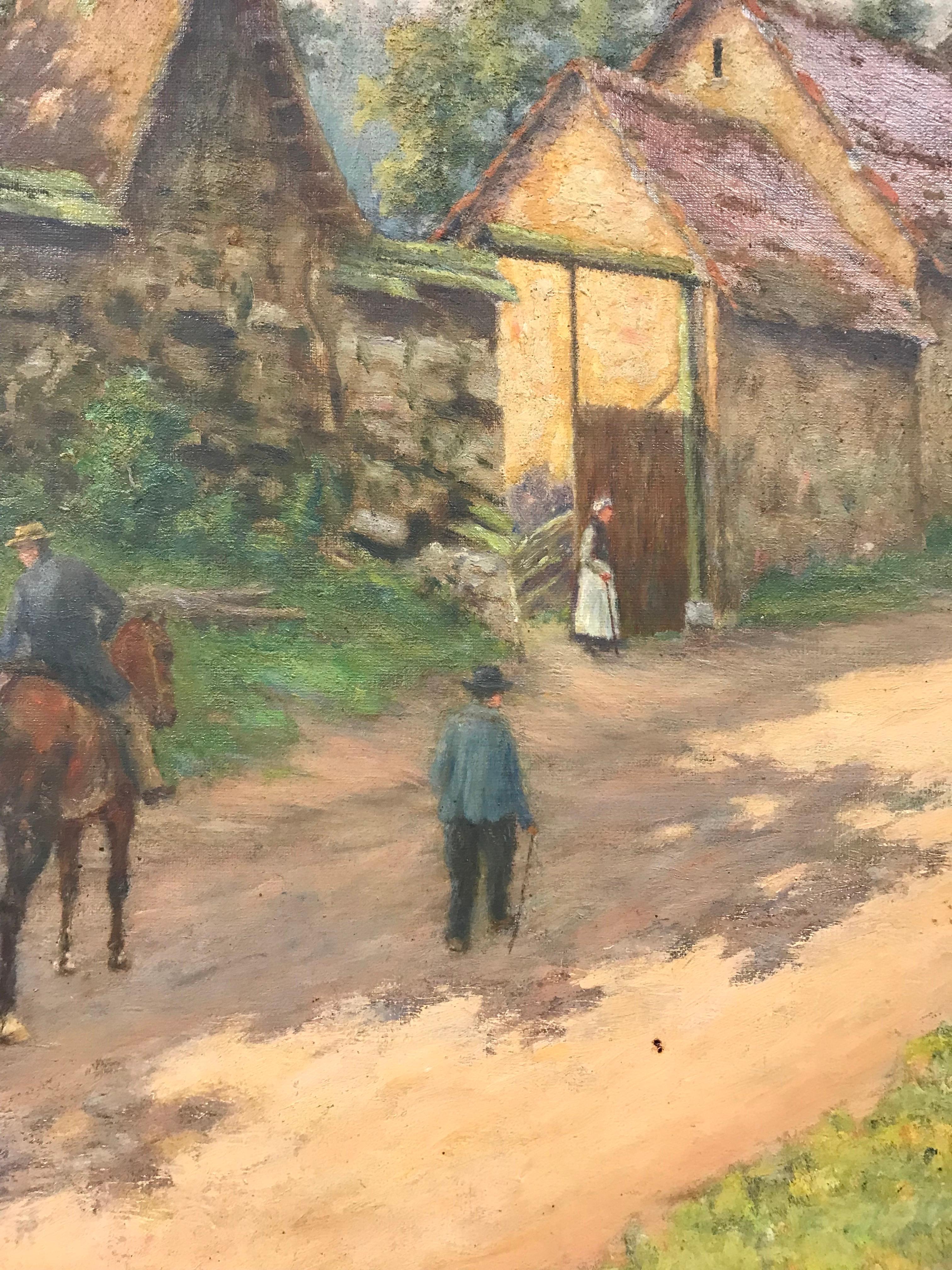 Early 20th Century French Signed Oil, Village Lane with Figures & Animals For Sale 2