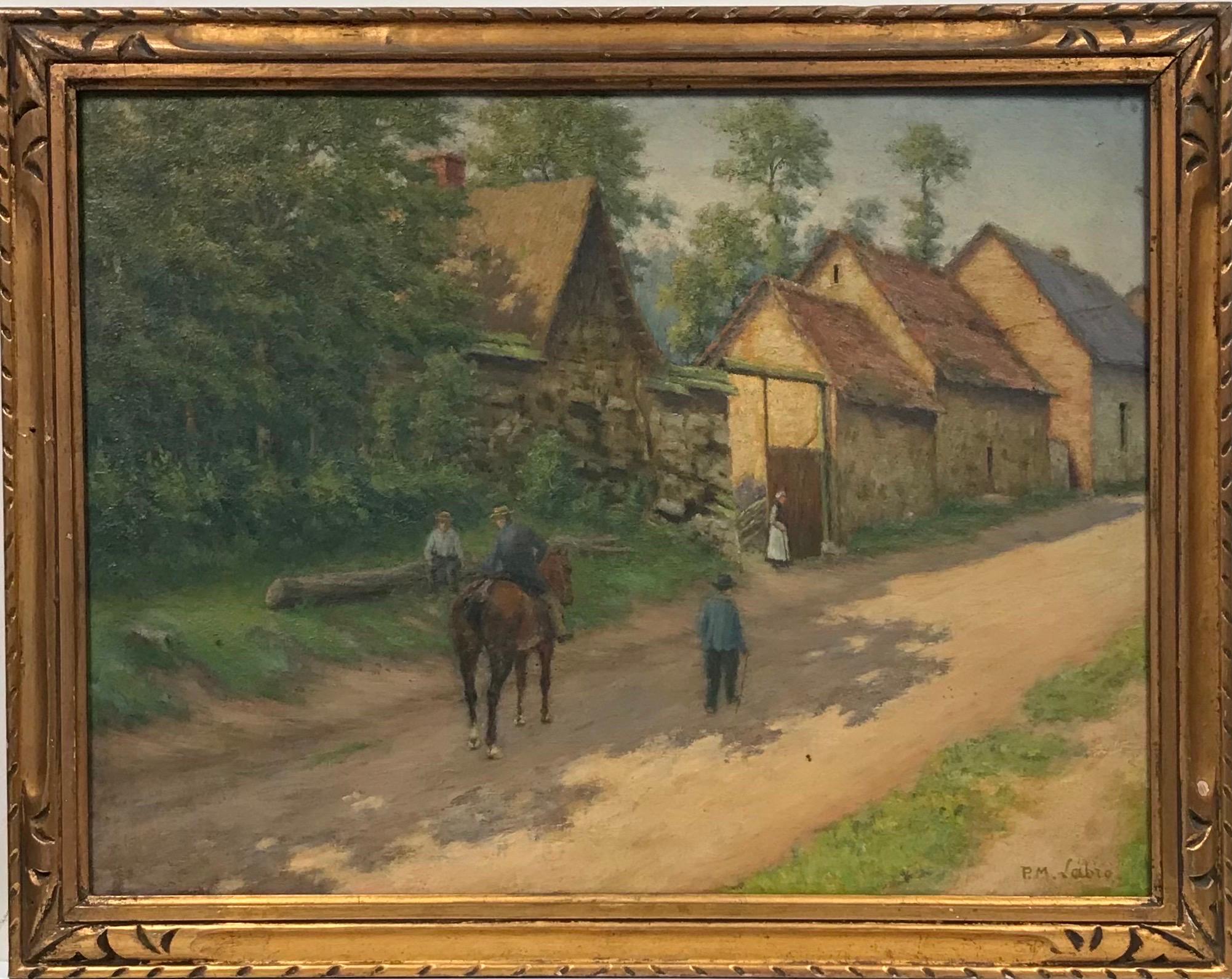 French School Landscape Painting - Early 20th Century French Signed Oil, Village Lane with Figures & Animals