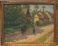 Antique Early 20th Century French Signed Oil, Village Lane with Figures & Animals