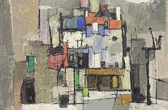 Vintage Ecole de Paris 1960's Cubist Oil Painting Abstract Composition of Shapes