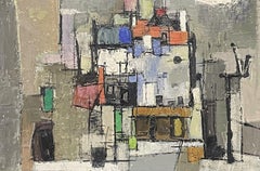 Escuela de París Años 60 Pintura al óleo cubista Composición abstracta de formas