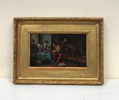 Fine Antique French Oil on Wood Panel, Medieval Elegant Figures Interior Scene