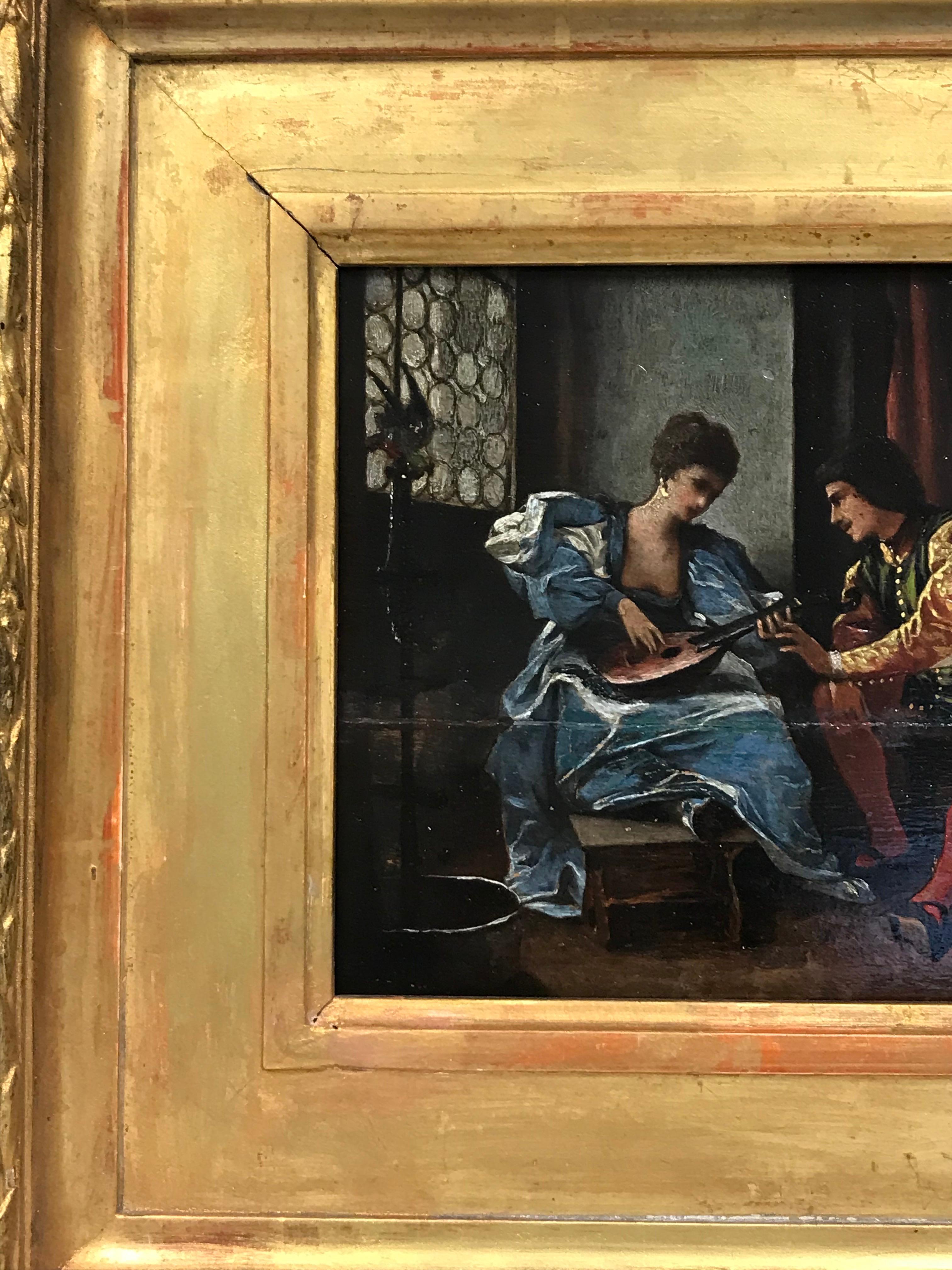 antique oil painting on wood panel
