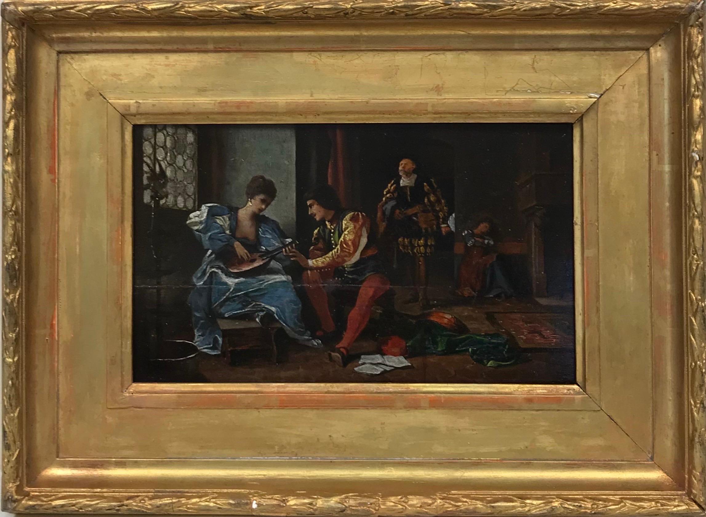 French School Interior Painting - Fine Antique French Oil on Wood Panel, Medieval Elegant Figures Interior Scene
