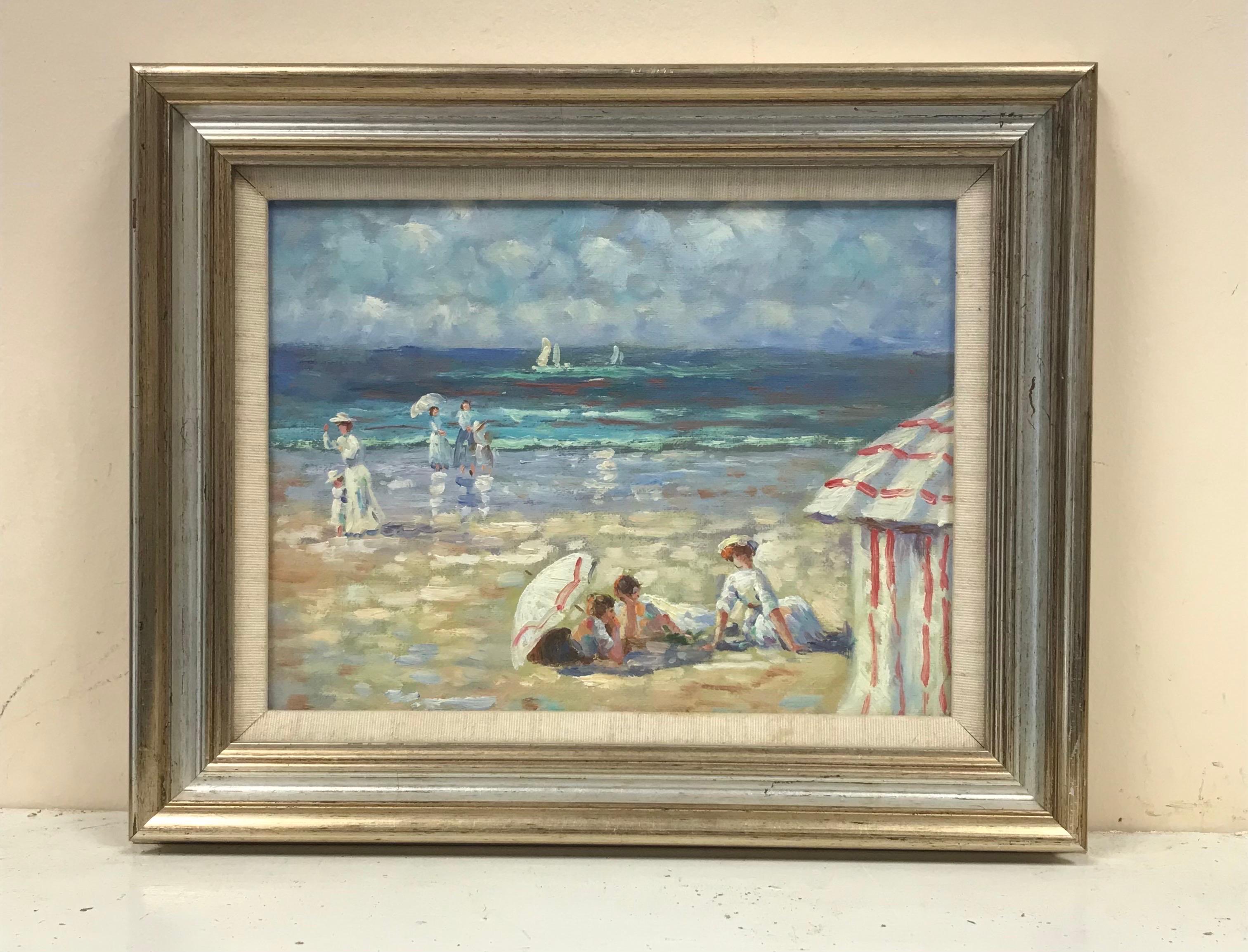 French Impressionist Oil Elegant Figures on Beach Parasols & Tents - Painting by French School