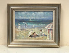 French Impressionist Oil Elegant Figures on Beach Parasols & Tents