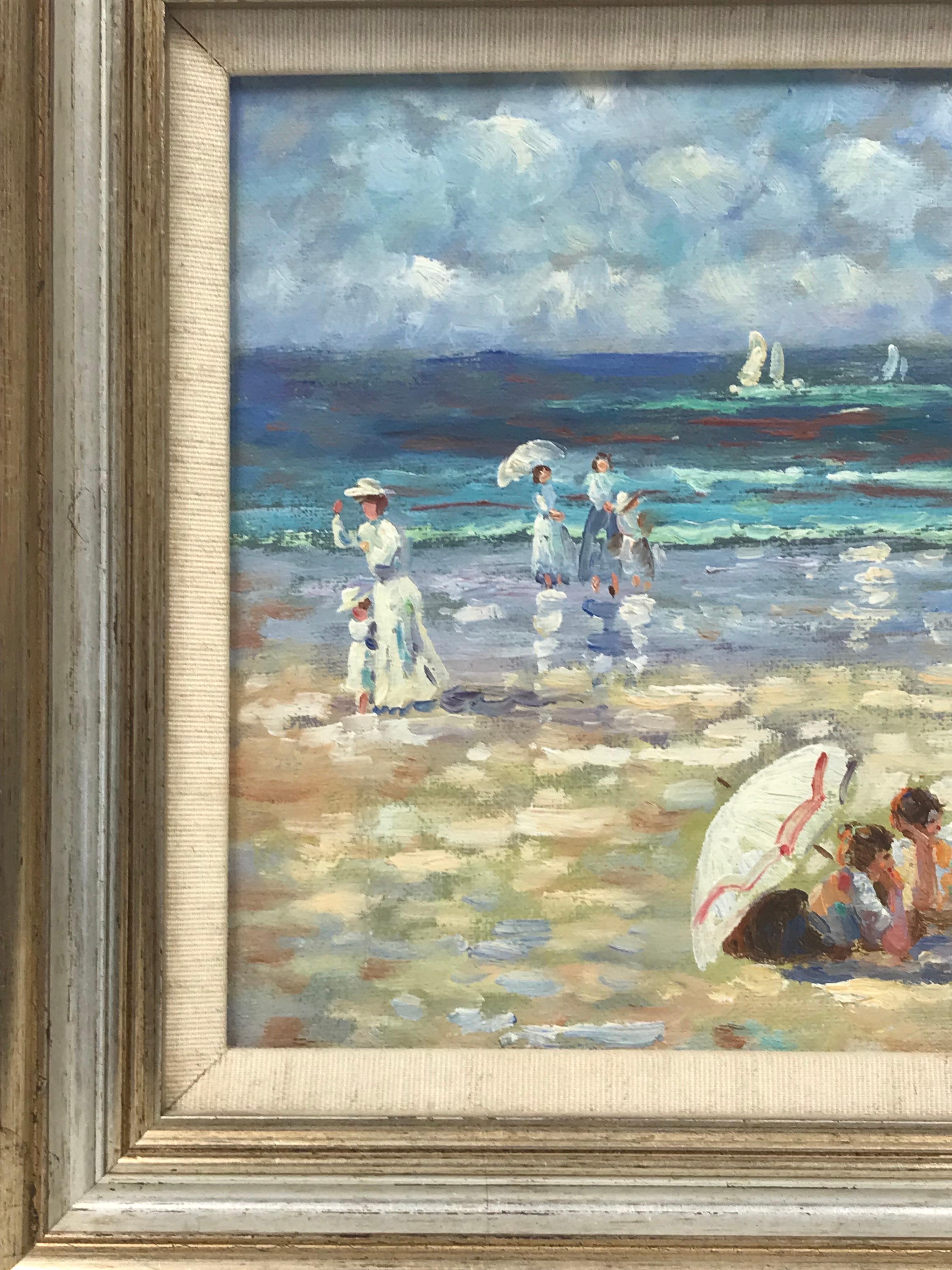 Olio impressionista francese Figure eleganti su ombrelloni e tende da spiaggia - Painting Vittoriano di French School