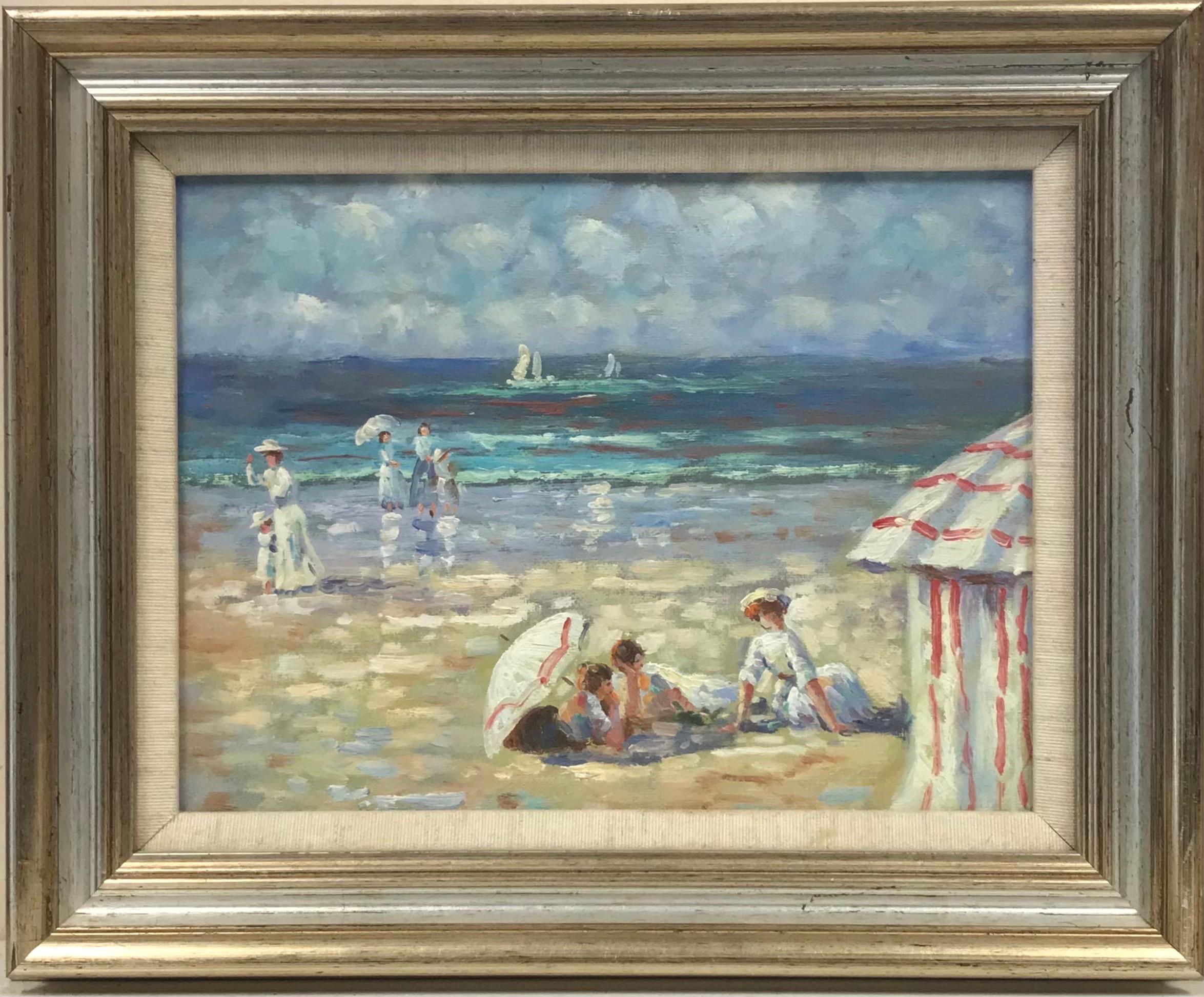 French School Landscape Painting - French Impressionist Oil Elegant Figures on Beach Parasols & Tents