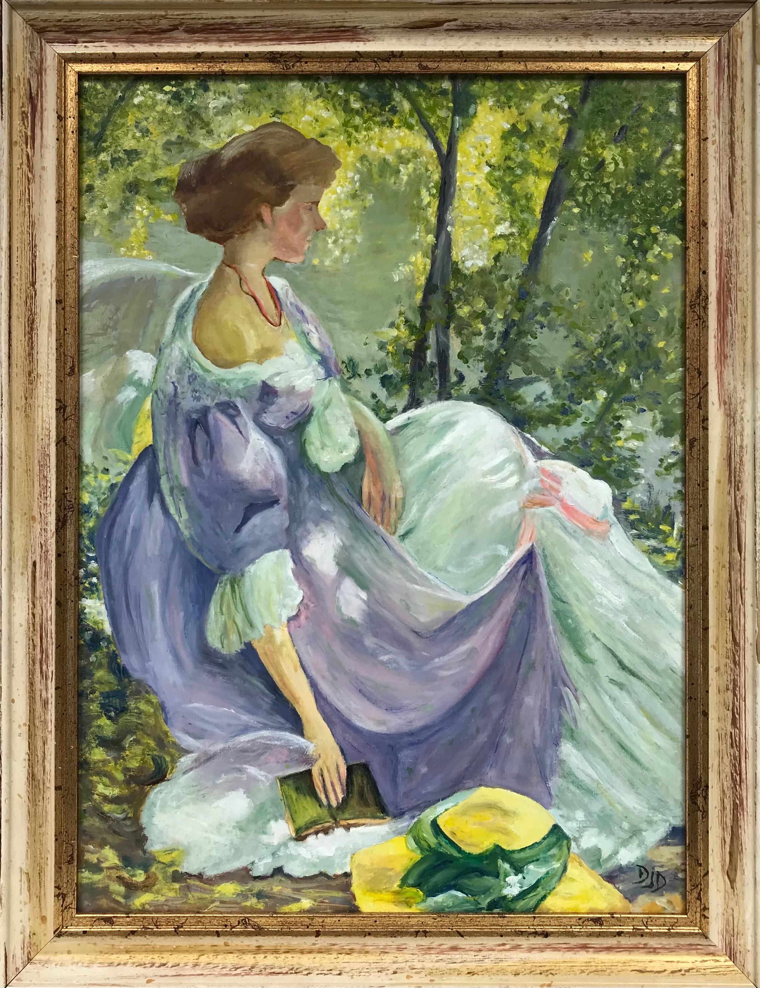 French School Figurative Painting - French Impressionist Signed Oil, Lady Reading Book Dappled Light Riverbank
