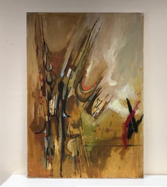 Großes französisches abstraktes Kompositionsgemälde in kubistischen Formen, gedeckte Farbpalette