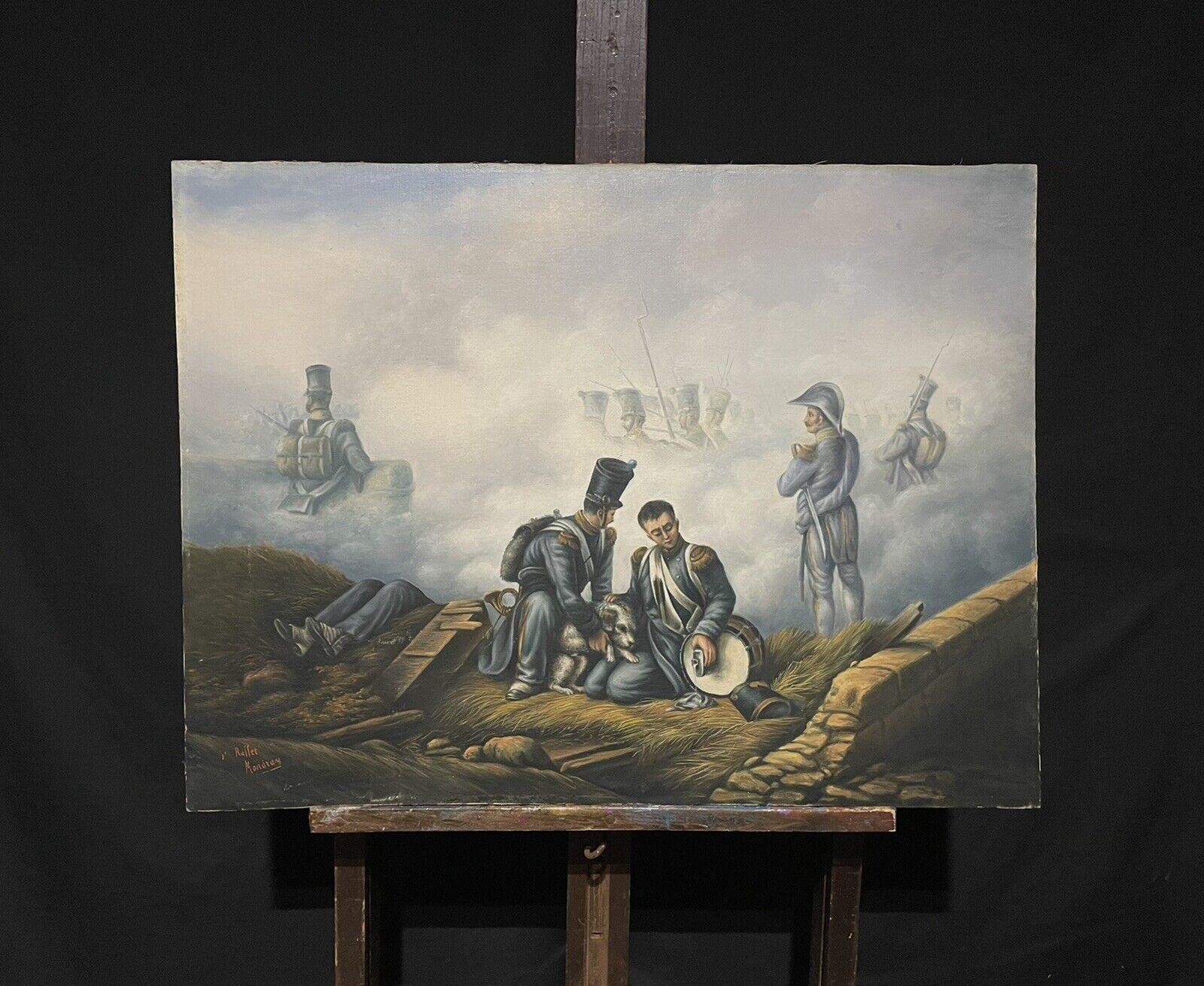 Grande scène à l'huile française du 19ème siècle représentant des soldats de la bataille et un chien blessé, Waterloo - Painting de French School