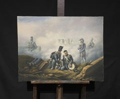 Large 19th Century French Oil Battlefield Soldiers & Wounded Dog Scene, Waterloo