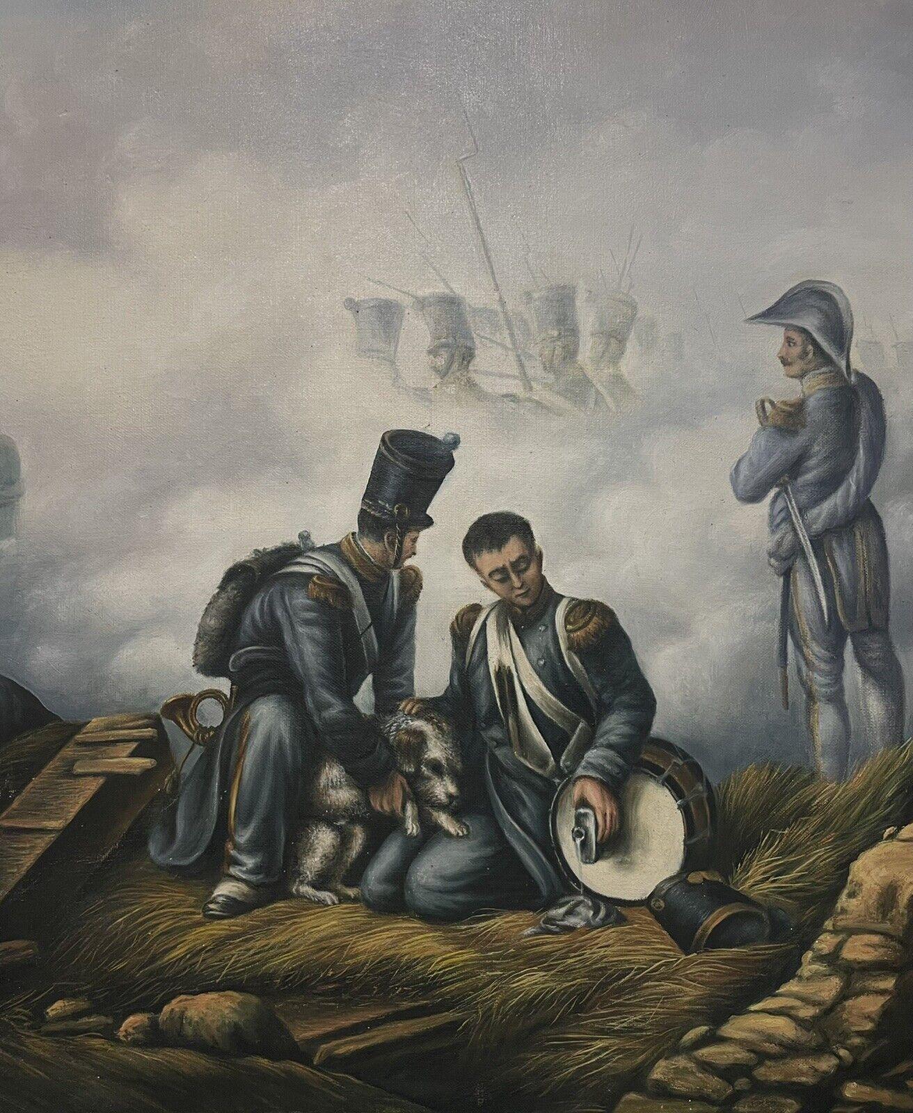 Grande scène à l'huile française du 19ème siècle représentant des soldats de la bataille et un chien blessé, Waterloo - Victorien Painting par French School