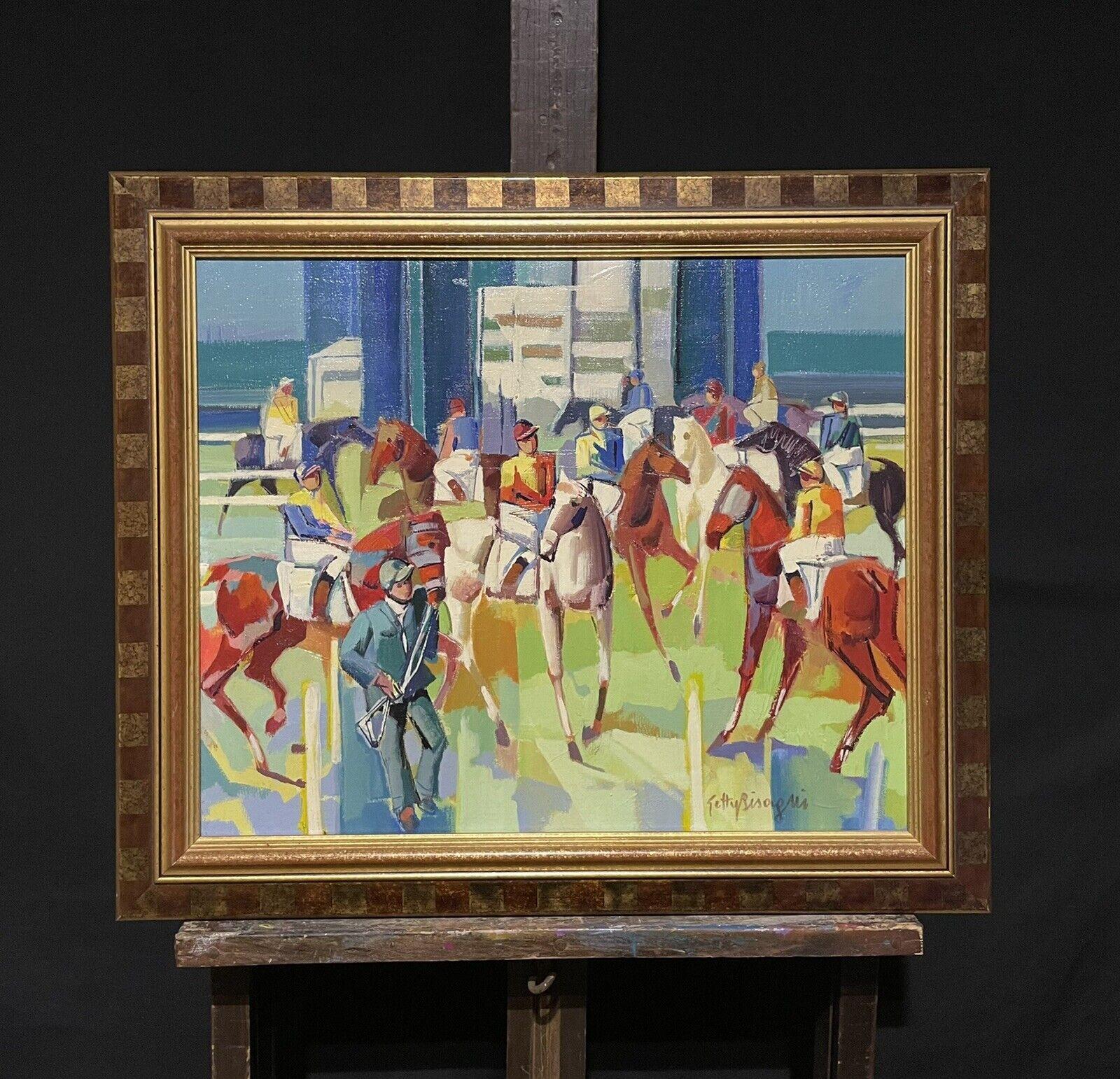 Large French Modernist Cubist Signed Oil - Jockeys on Horseback Parading - Painting by French School