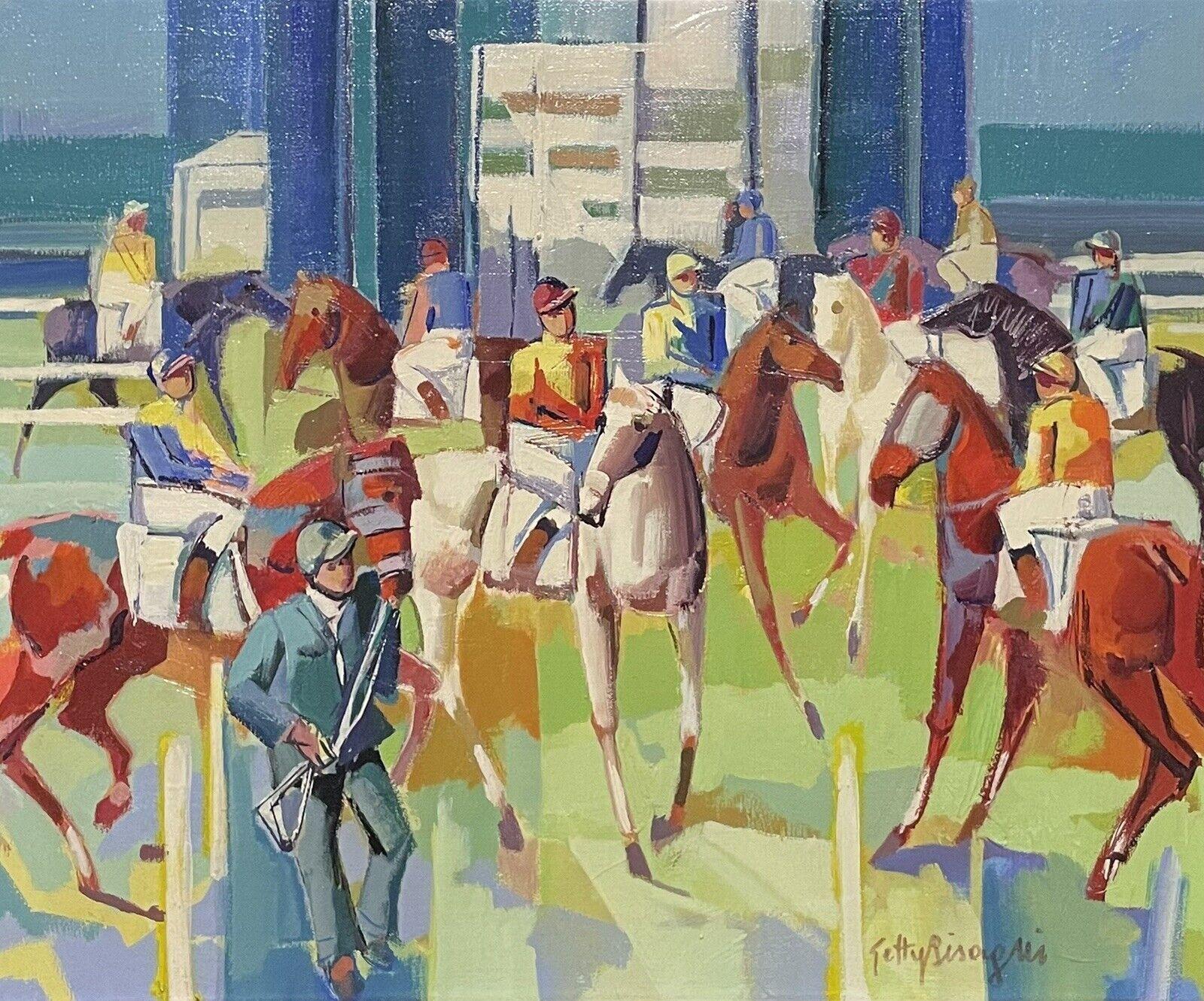 French School Animal Painting - Large French Modernist Cubist Signed Oil - Jockeys on Horseback Parading