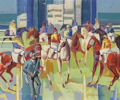 Vintage Large French Modernist Cubist Signed Oil - Jockeys on Horseback Parading
