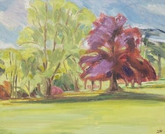 Large Modern French Oil Painting Copper Beech Tree in Landscape, signed oil