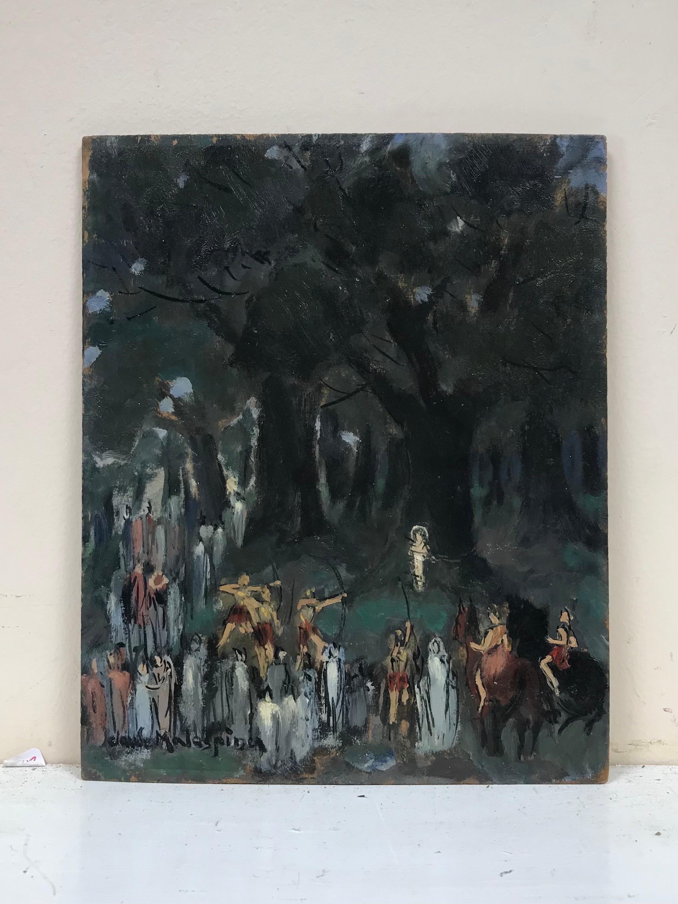 Martyrdom des Heiligen von Schleife und Pfeil in Holz, römische Soldaten, Französisches Öl – Painting von French School