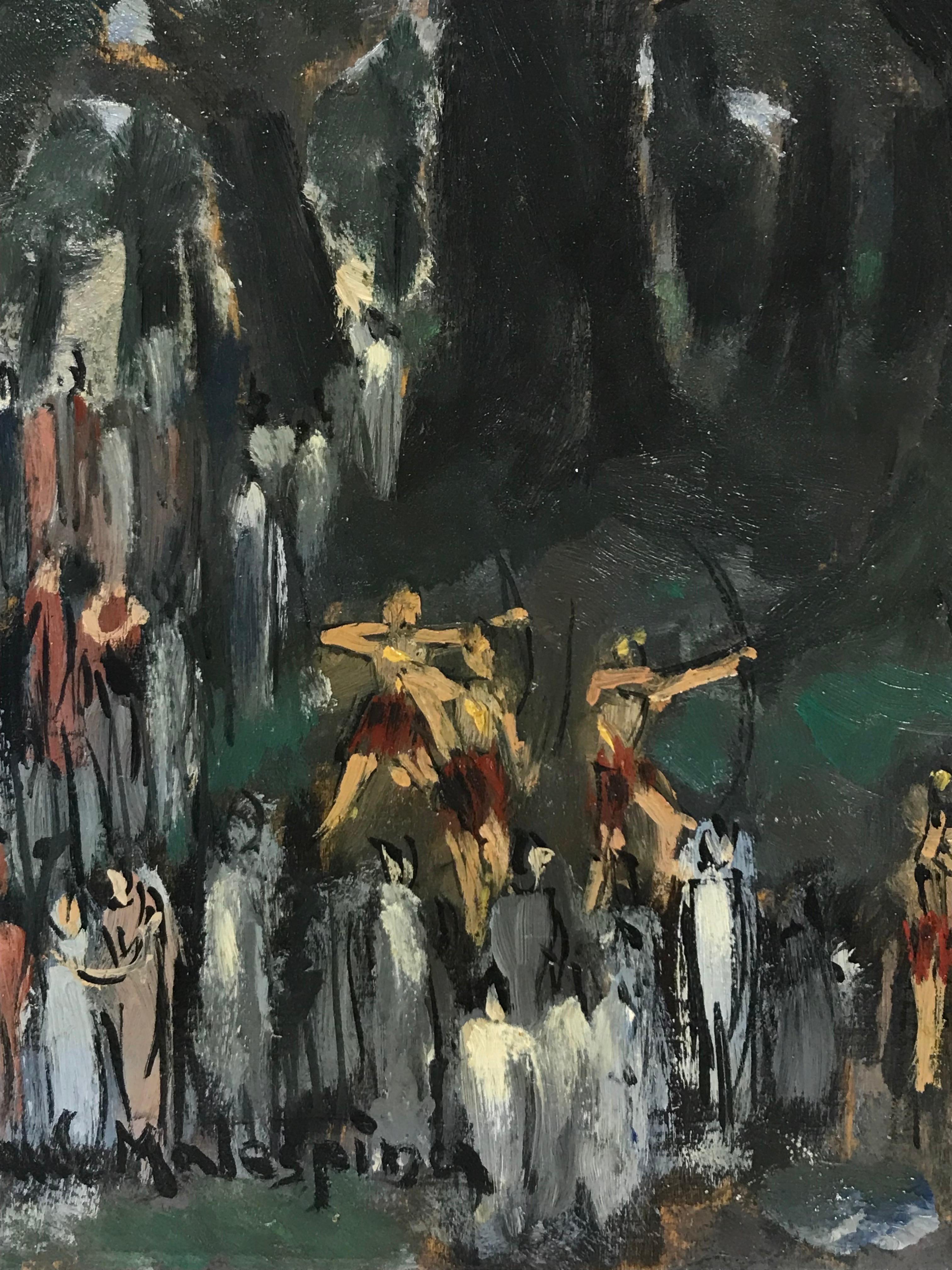 Martyrdom des Heiligen von Schleife und Pfeil in Holz, römische Soldaten, Französisches Öl (Schwarz), Figurative Painting, von French School