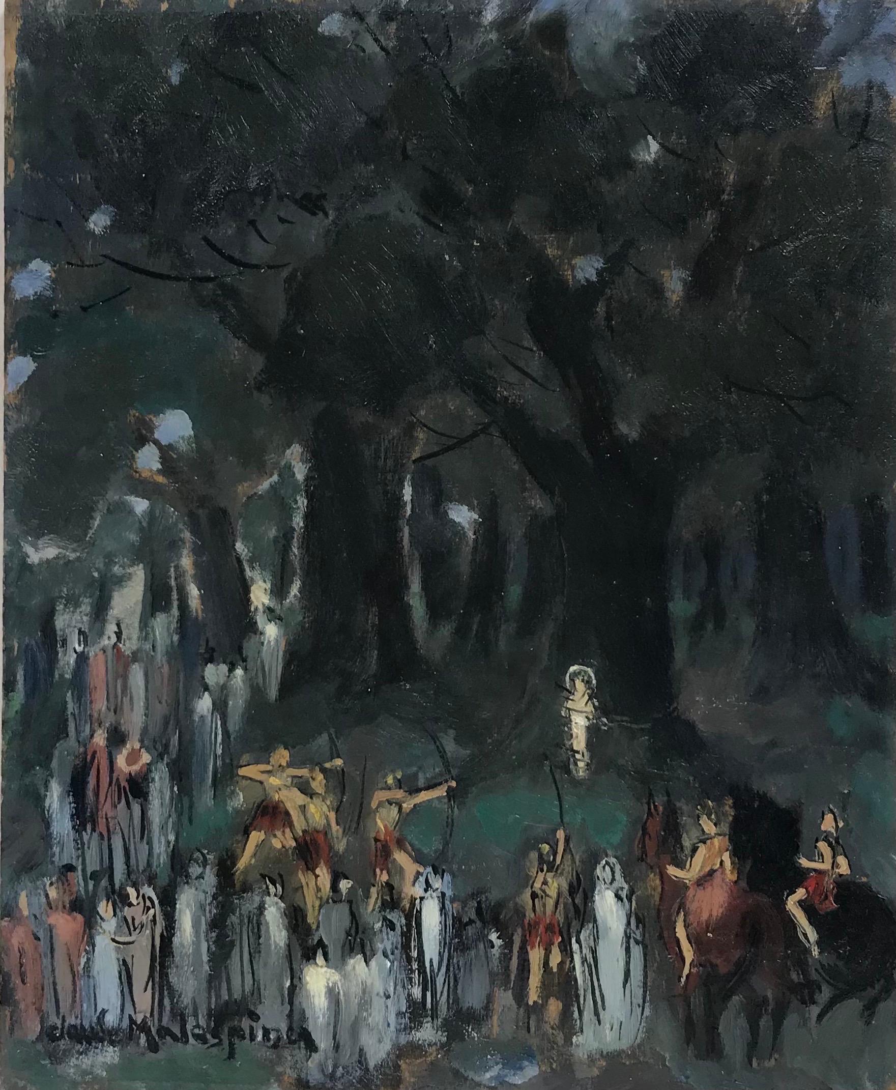 French School Figurative Painting - Martyrdom of Saint by Bow & Arrow in Woods Roman Soldiers, French Oil