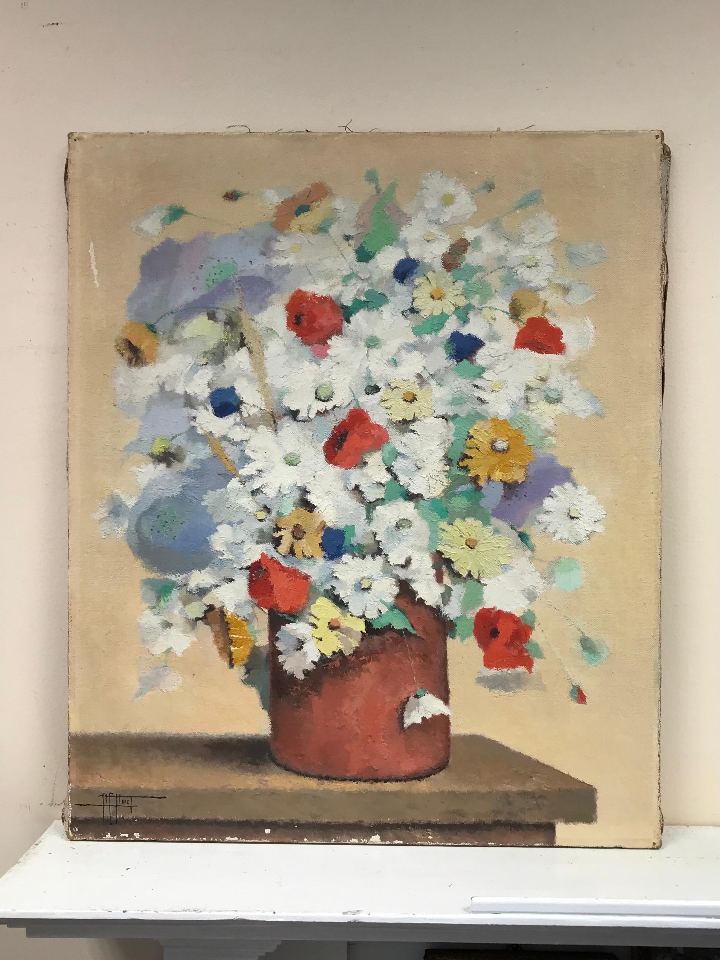 Grande peinture à l'huile française du milieu du 20e siècle, signée, fleurs d'été dans un vase - Painting de French School