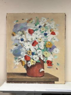 Pittura a olio firmata francese di grandi dimensioni della metà del XX secolo - Fiori estivi in vaso
