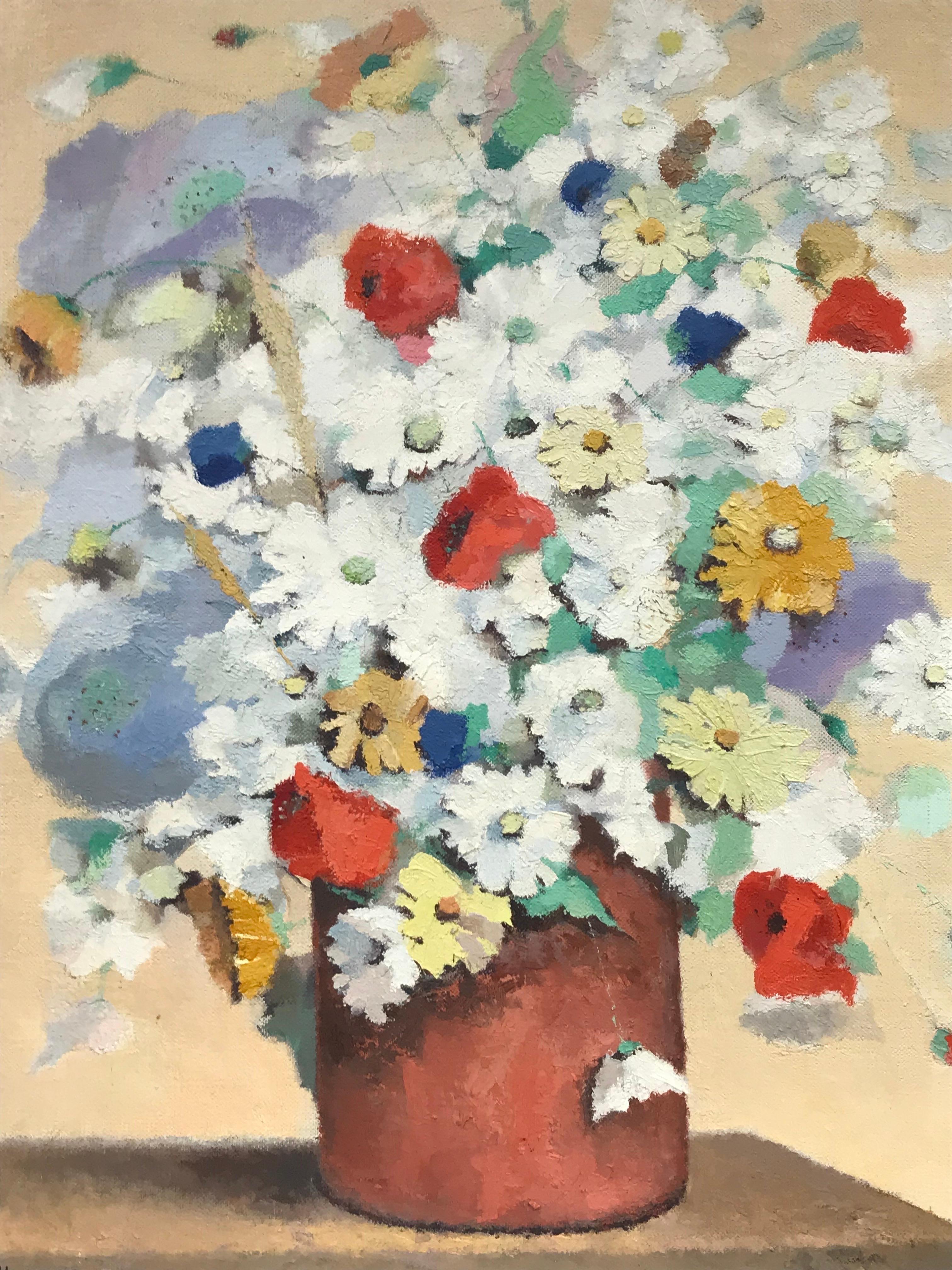 Pittura a olio firmata francese di grandi dimensioni della metà del XX secolo - Fiori estivi in vaso - Painting Postimpressionismo di French School