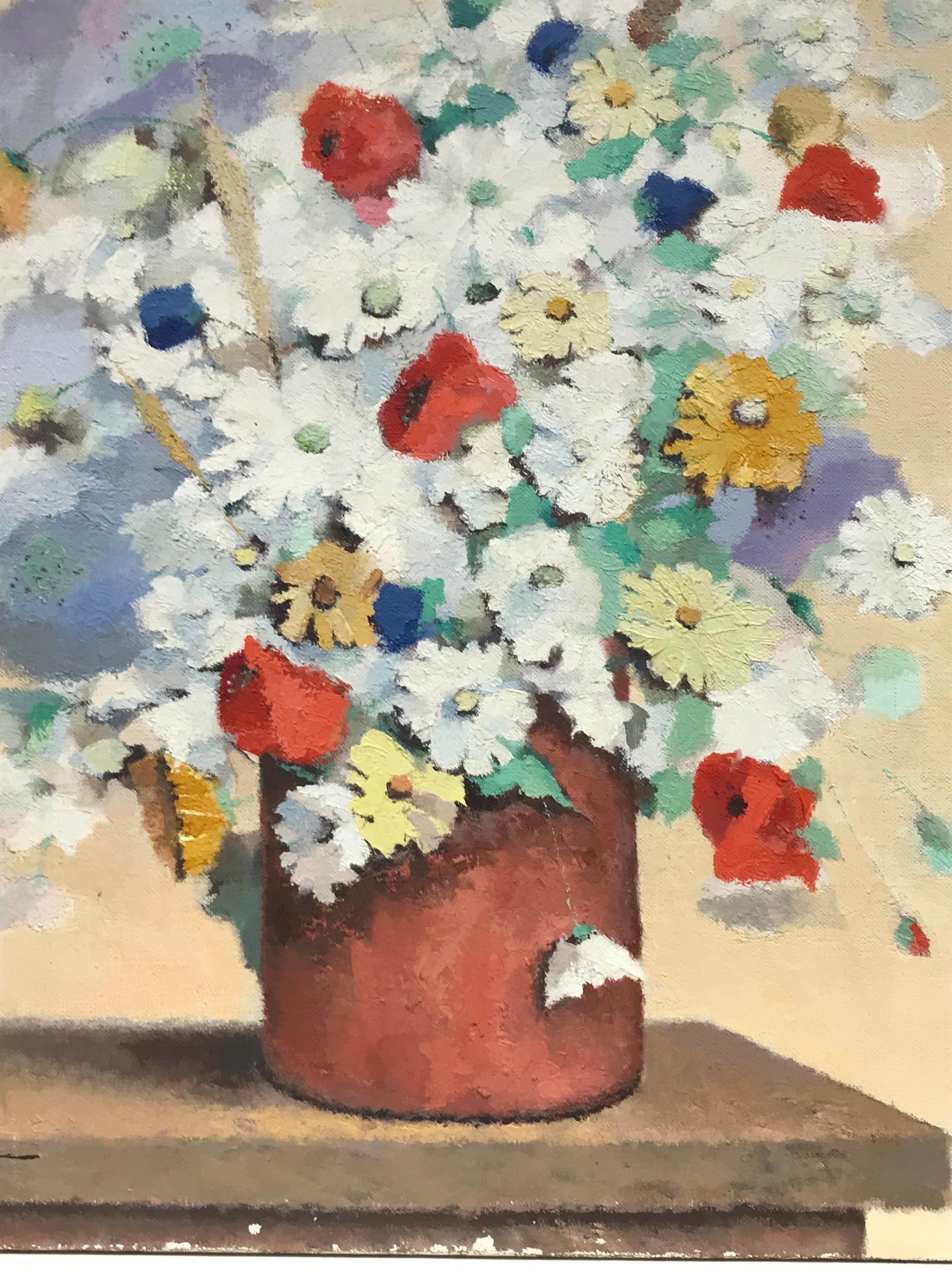 Pittura a olio firmata francese di grandi dimensioni della metà del XX secolo - Fiori estivi in vaso - Still-Life Painting Marrone di French School