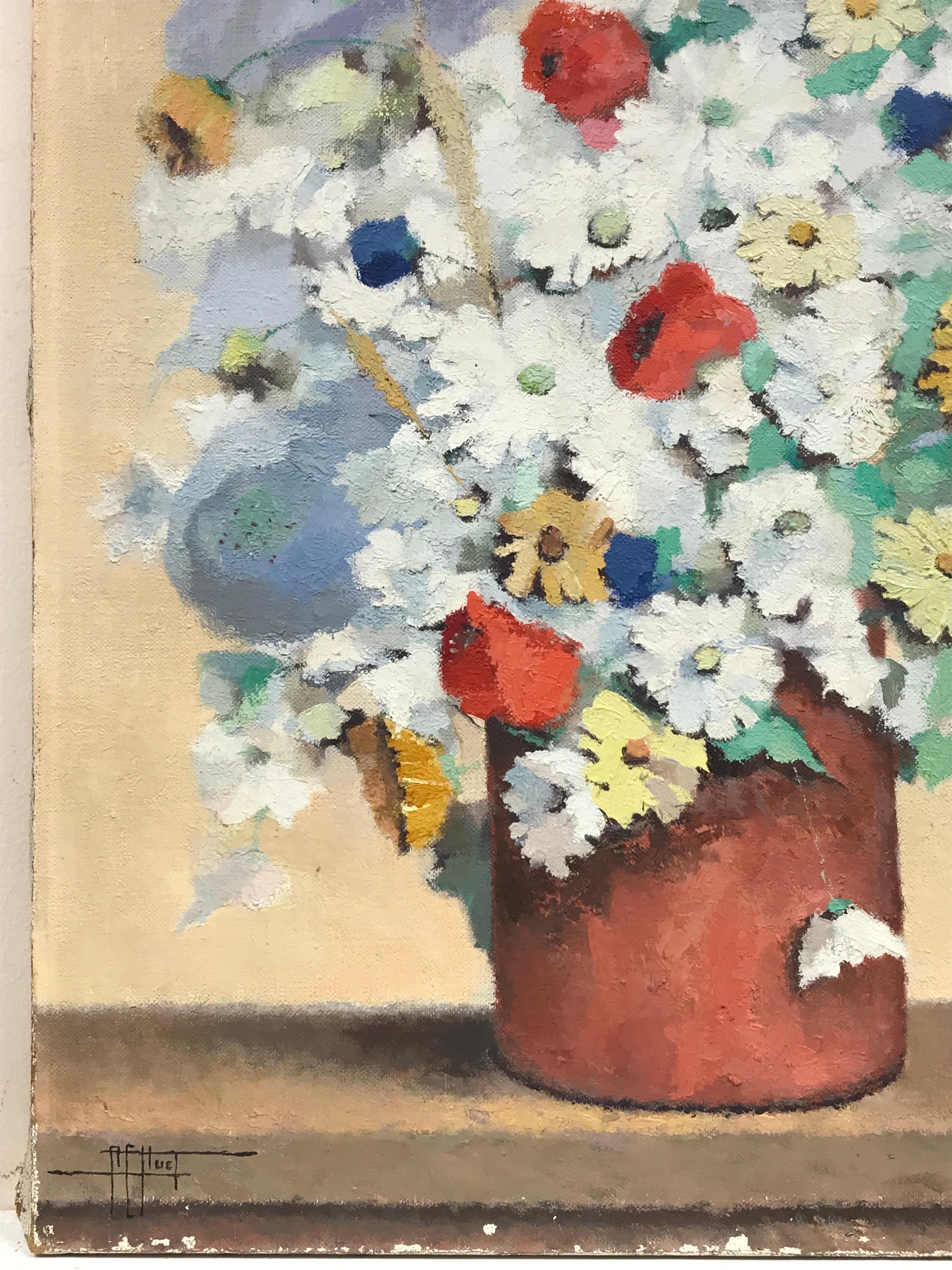 Artista/Scuola: Scuola francese, firmato in modo indistinto nell'angolo in basso a sinistra, risale al periodo 1950-60 circa. 

Titolo: Luminosa e colorata natura morta di fiori in un vaso di terracotta. 

Media:  olio su tela, senza
